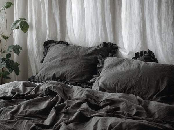 Charcoal triple ruffles soft linen bedding set King Queen duvet cover with ruffles 2 pillowcases Three ruffles linen comforter cover zipper