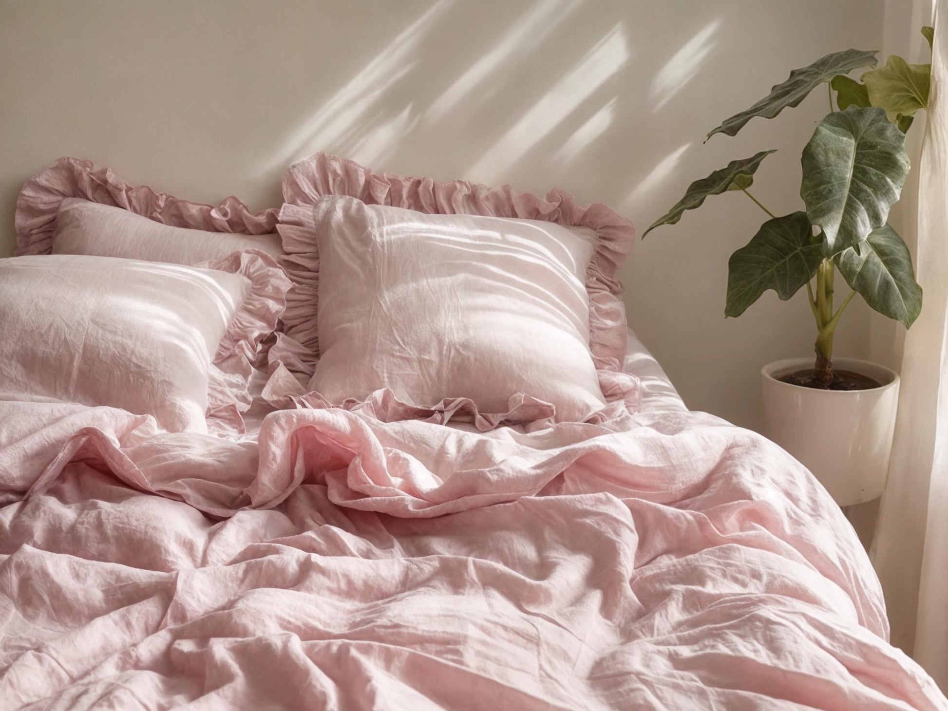 Pastel pink triple ruffles soft linen bedding set King Queen duvet cover with ruffles 2 pillowcases Three ruffles linen comforter cover