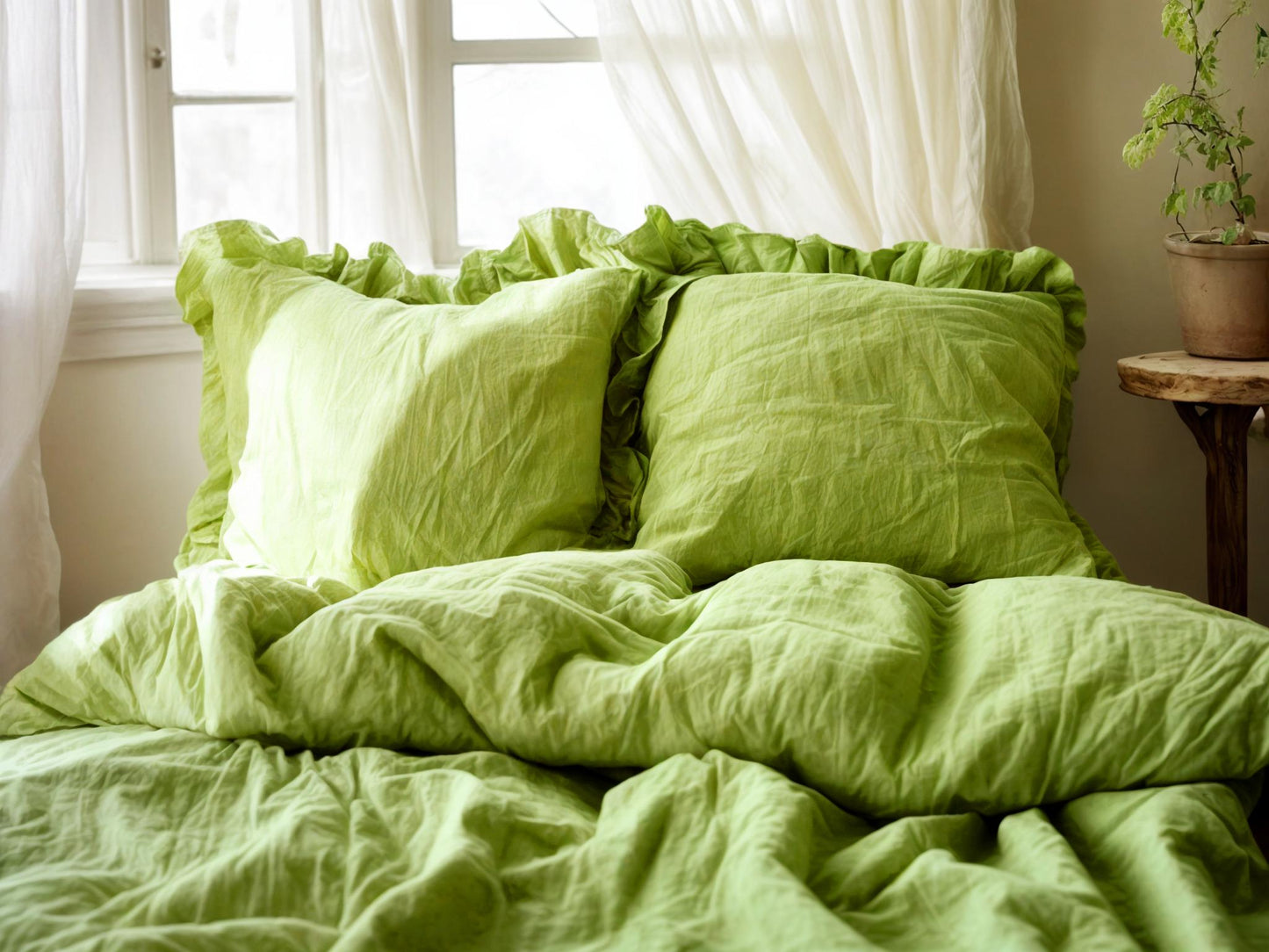 Lime double ruffles soft linen bedding set King Queen duvet cover 2 pillowcases Two ruffles linen comforter cover with ruffles zipper