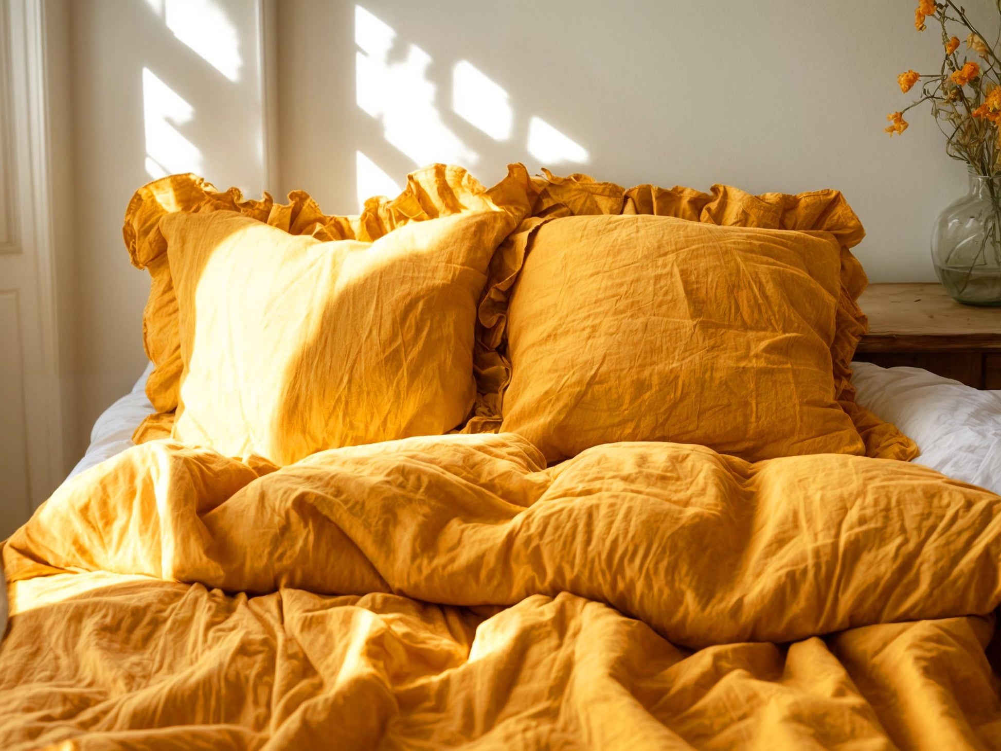 Marigold double ruffles soft linen bedding set King Queen duvet cover 2 pillowcases Two ruffles linen comforter cover with ruffles zipper