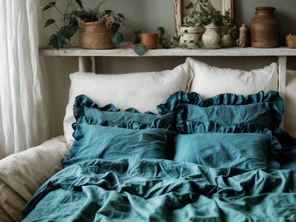 Teal double ruffles soft linen bedding set King Queen duvet cover 2 pillowcases Two ruffles linen comforter cover with ruffles zipper