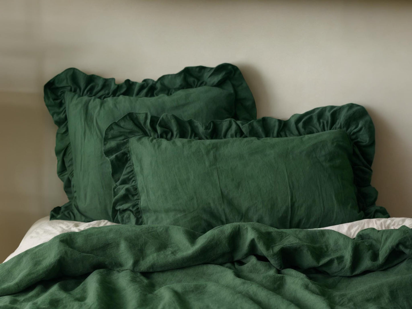 Verdant double ruffles soft linen bedding set King Queen duvet cover 2 pillowcases Two ruffles linen comforter cover with ruffles zipper