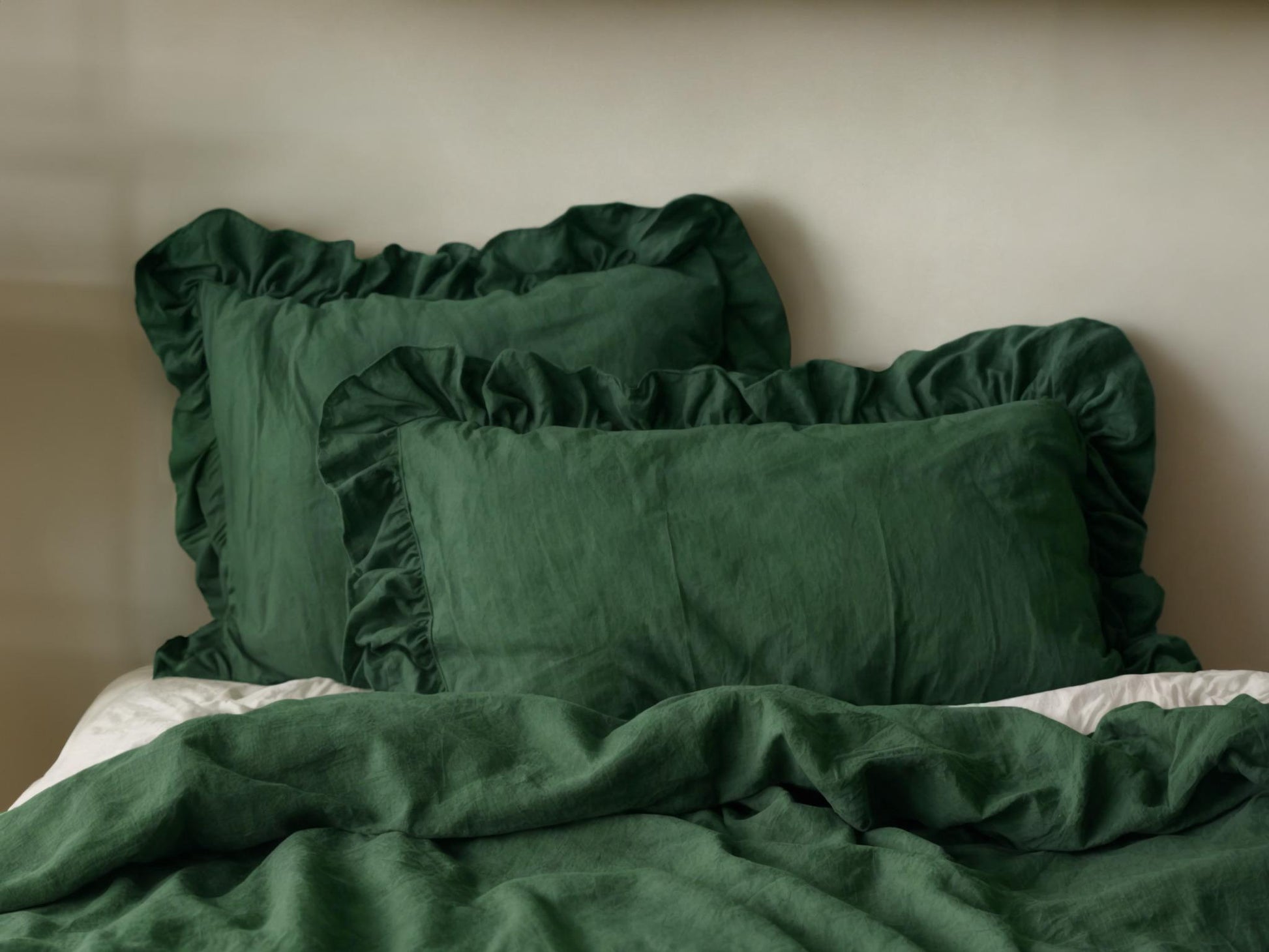 Verdant triple ruffles soft linen bedding set King Queen duvet cover with ruffles 2 pillowcases Three ruffles linen comforter cover