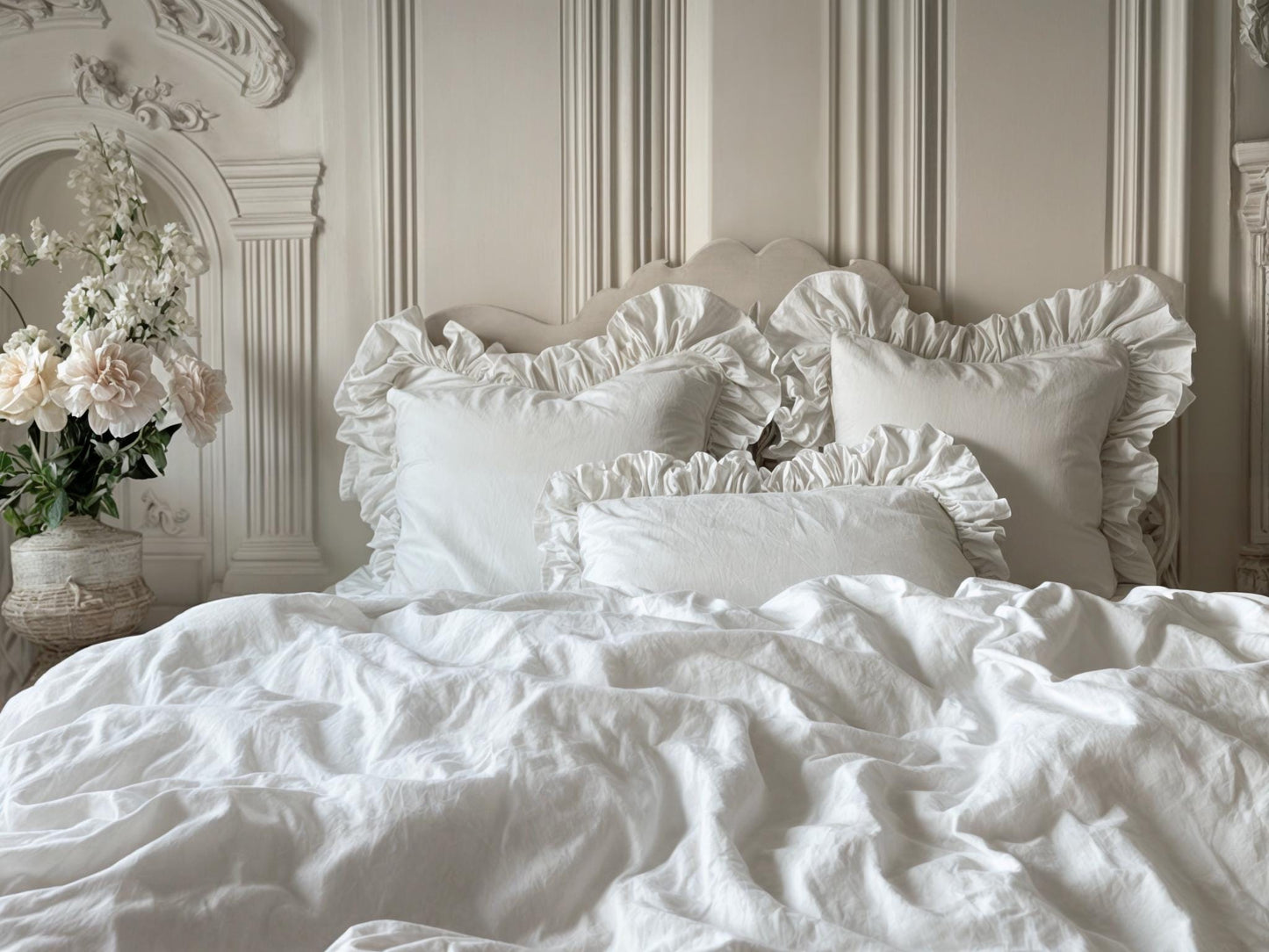 White double ruffles soft linen bedding set King Queen duvet cover 2 pillowcases Two ruffles linen comforter cover with ruffles zipper