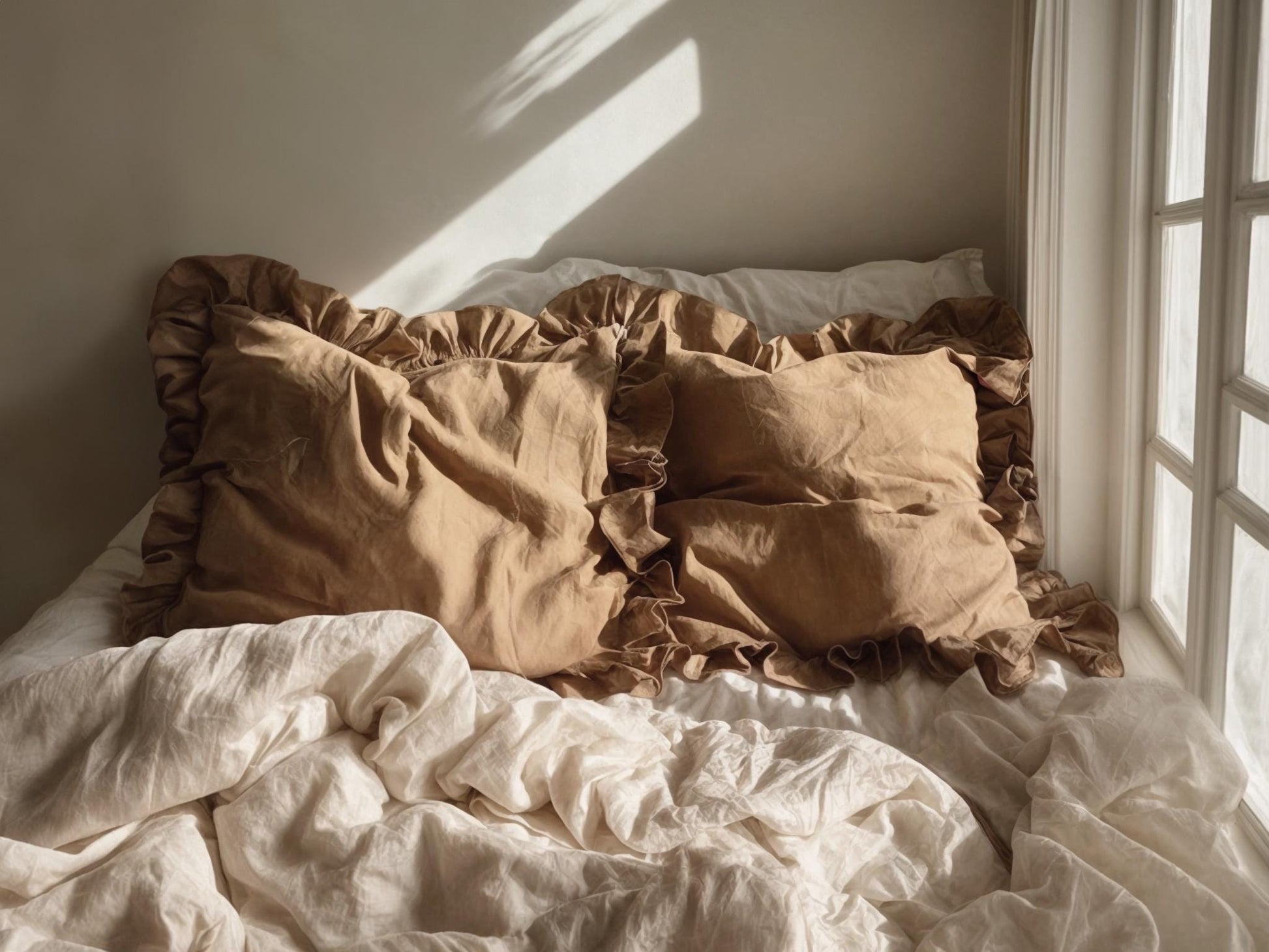 Almond linen triple ruffled duvet cover 1 duvet cover Softened linen comforter cover Coconut buttons Hidden closure Zipper