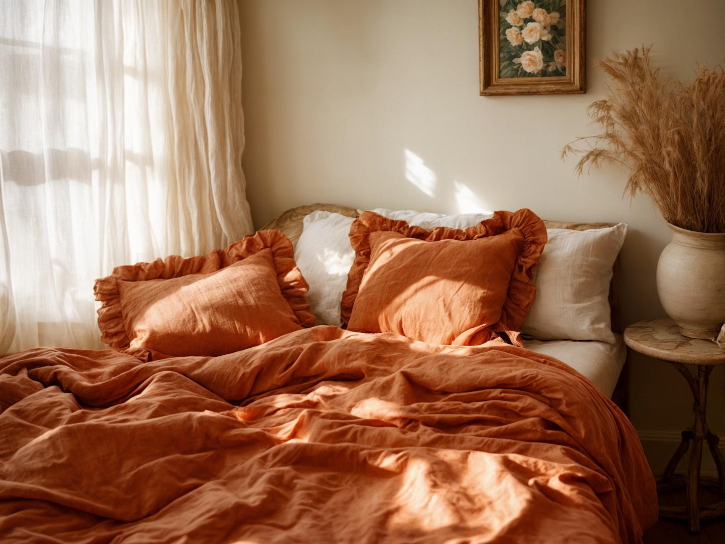 Carrot linen triple ruffled duvet cover 1 duvet cover Softened linen comforter cover Coconut buttons Hidden closure Zipper