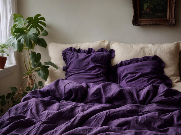 Violet linen triple ruffled duvet cover 1 duvet cover Softened linen comforter cover Coconut buttons Hidden closure Zipper