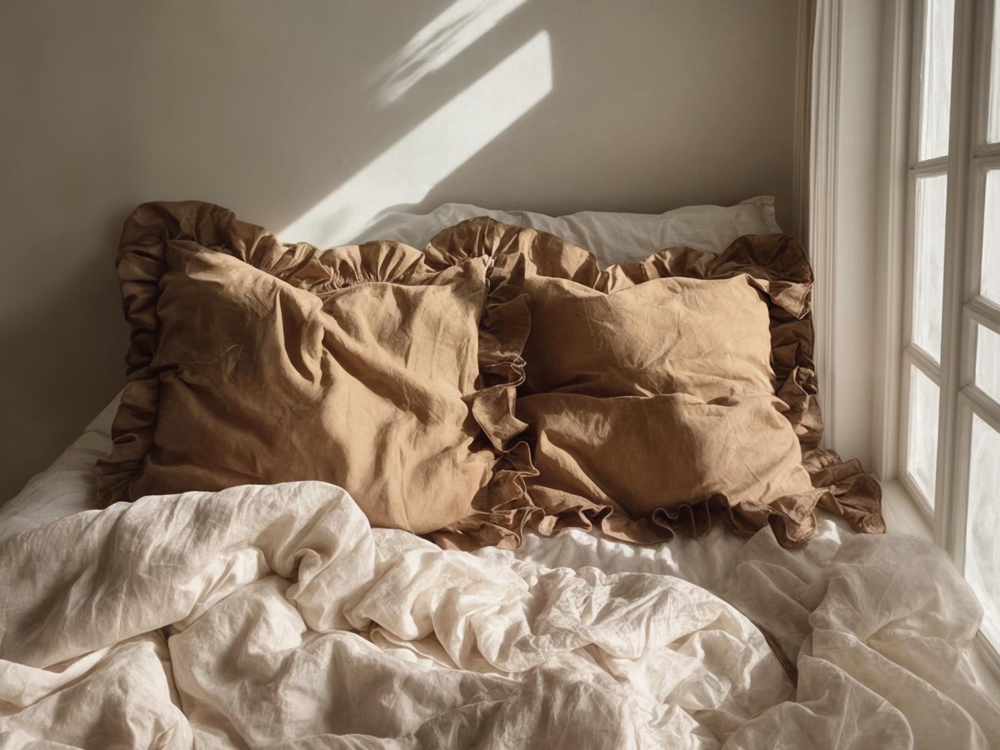 Almond triple ruffles soft linen bedding set King Queen duvet cover with ruffles 2 pillowcases Three ruffles linen comforter cover zipper