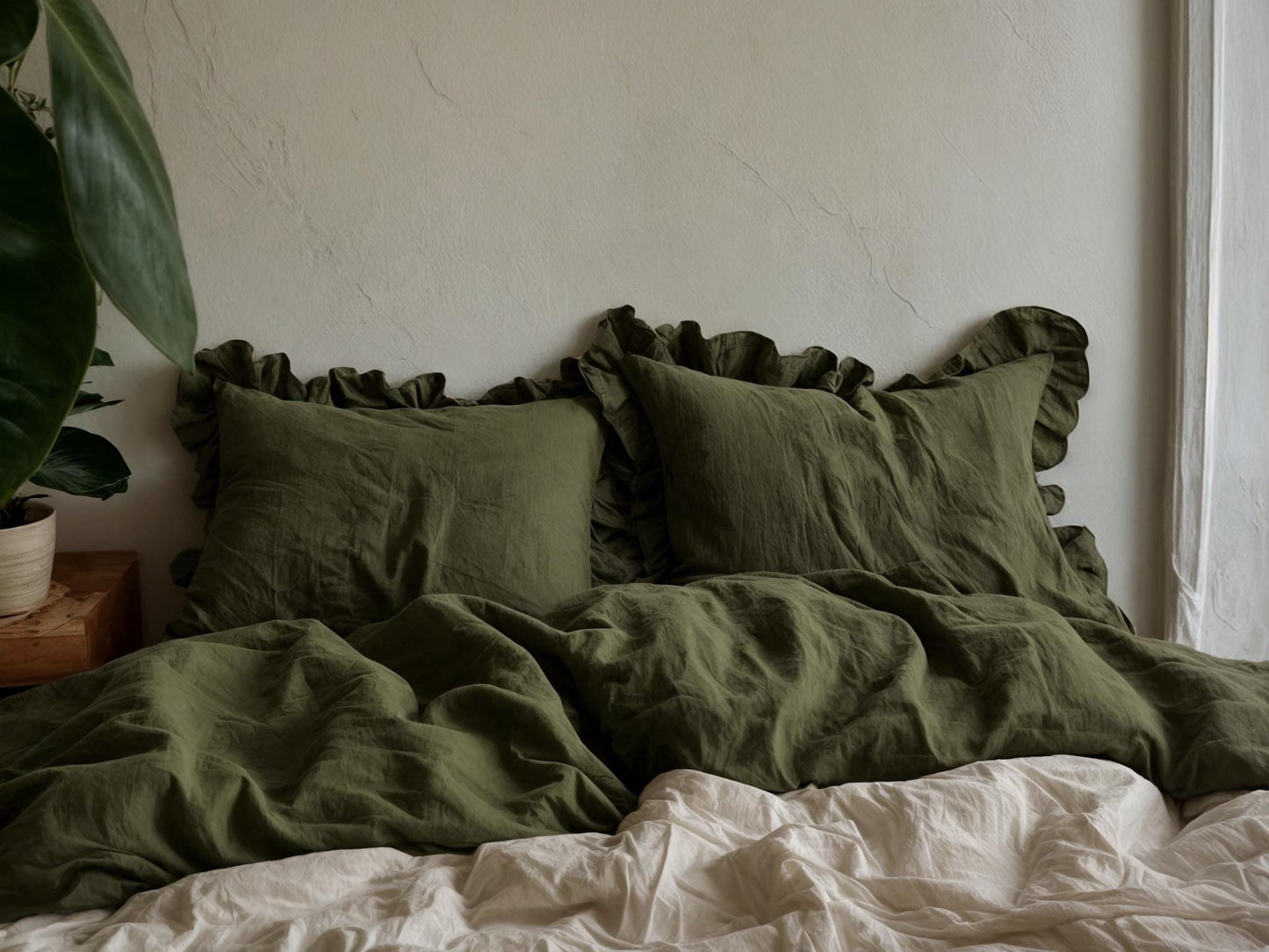 Khaki triple ruffles soft linen bedding set King Queen duvet cover with ruffles 2 pillowcases Three ruffles linen comforter cover zipper