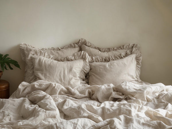 Sand double ruffles soft linen bedding set King Queen duvet cover 2 pillowcases Two ruffles linen comforter cover with ruffles zipper