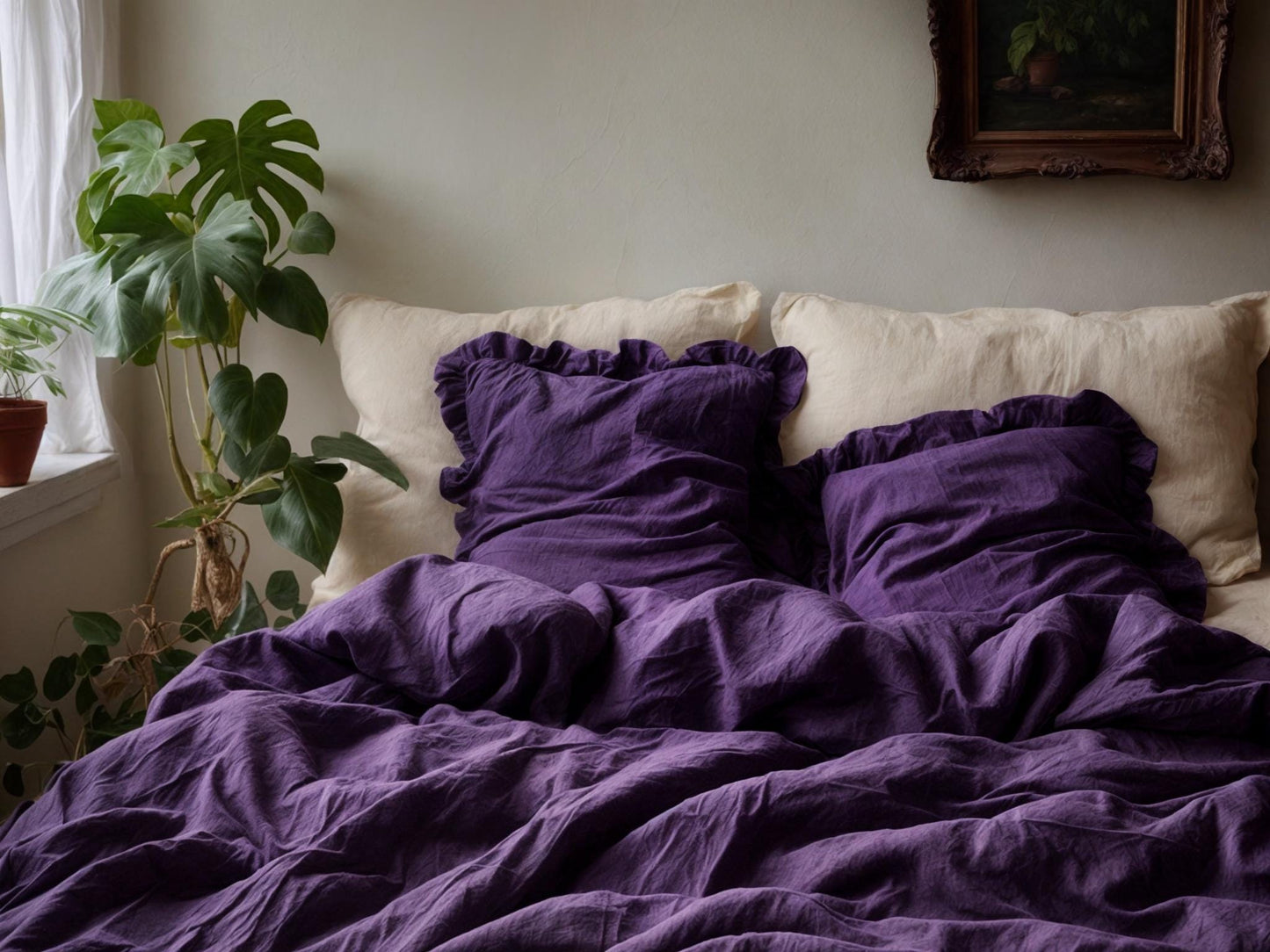 Violet double ruffles soft linen bedding set King Queen duvet cover 2 pillowcases Two ruffles linen comforter cover with ruffles zipper