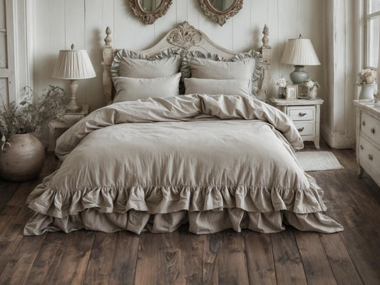 Sand linen double ruffled duvet cover 1 duvet cover Softened linen cover with two ruffles Ruffled linen duvet cover