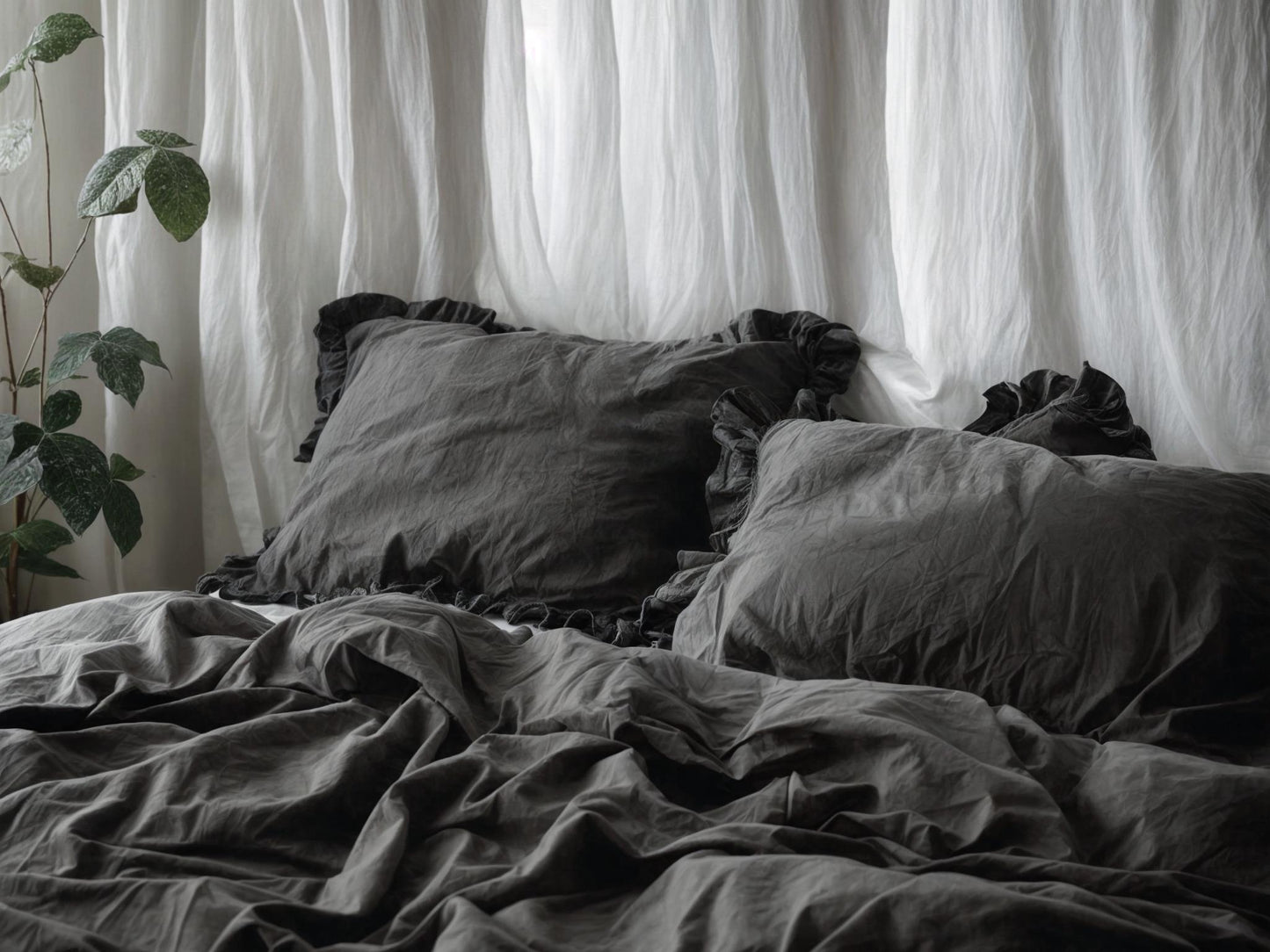 Charcoal linen triple ruffled duvet cover 1 duvet cover Softened linen comforter cover Coconut buttons Hidden closure Zipper