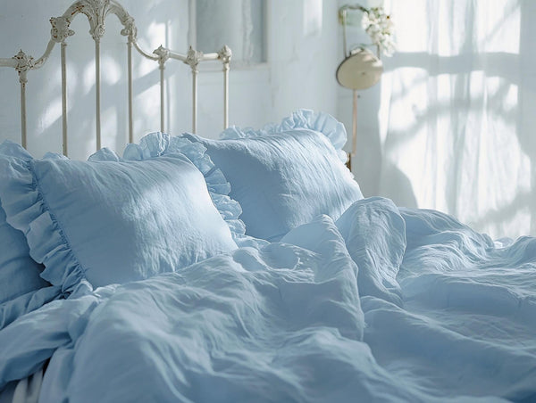 Ice linen triple ruffled duvet cover 1 duvet cover Softened linen comforter cover Coconut buttons Hidden closure Zipper