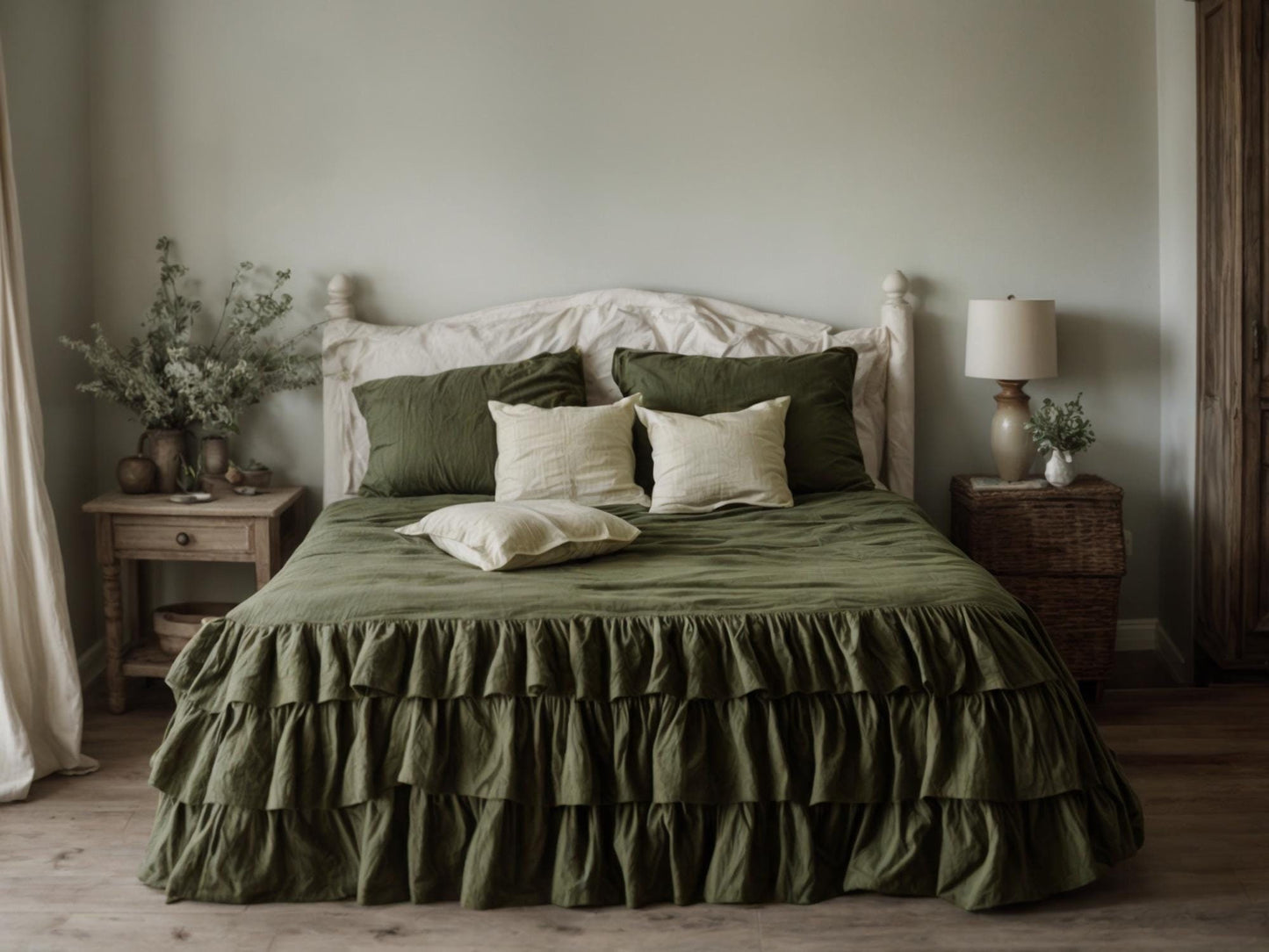 Khaki linen triple ruffled duvet cover 1 duvet cover Softened linen comforter cover Coconut buttons Hidden closure Zipper