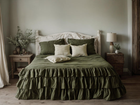 Khaki linen triple ruffled duvet cover 1 duvet cover Softened linen comforter cover Coconut buttons Hidden closure Zipper