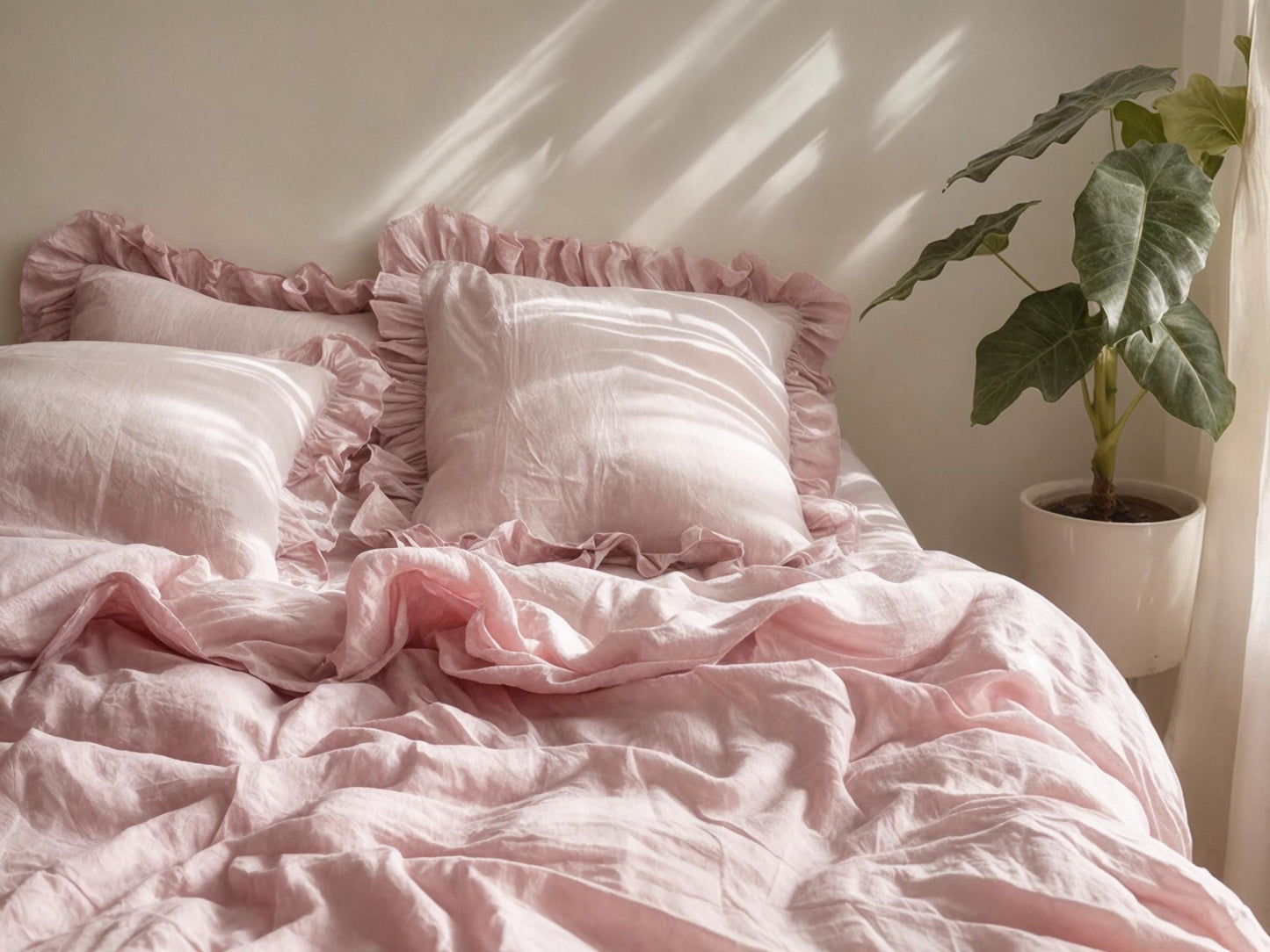 Pastel pink linen triple ruffled duvet cover 1 duvet cover Softened linen comforter cover Coconut buttons Hidden closure Zipper