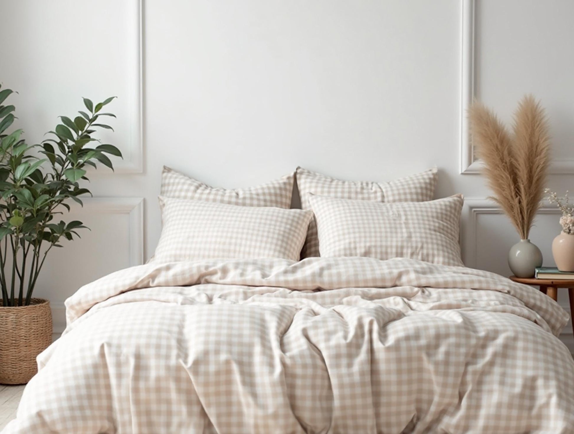 Beige Gingham Cotton Bedding Set