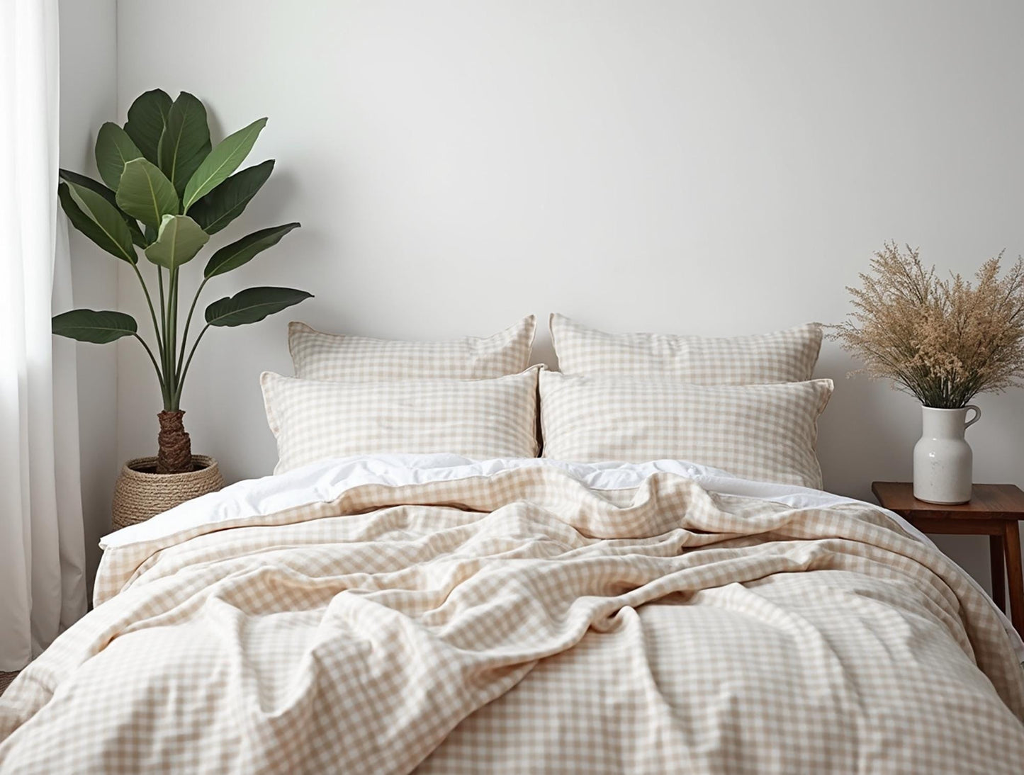 Beige Gingham Cotton Bedding Set