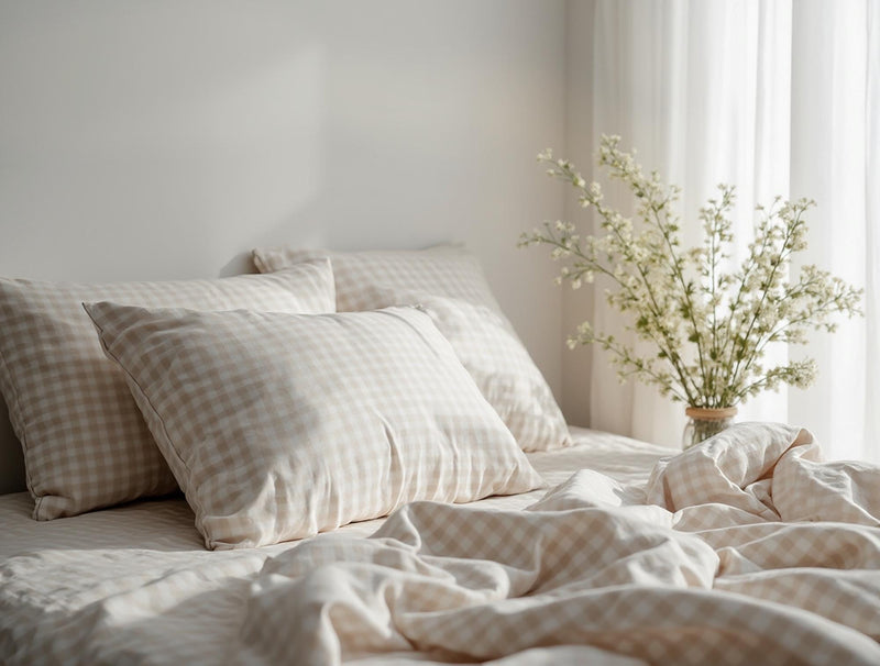 Beige Gingham Cotton Bedding Set