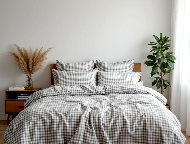 Dark gray Gingham Cotton Bedding Set