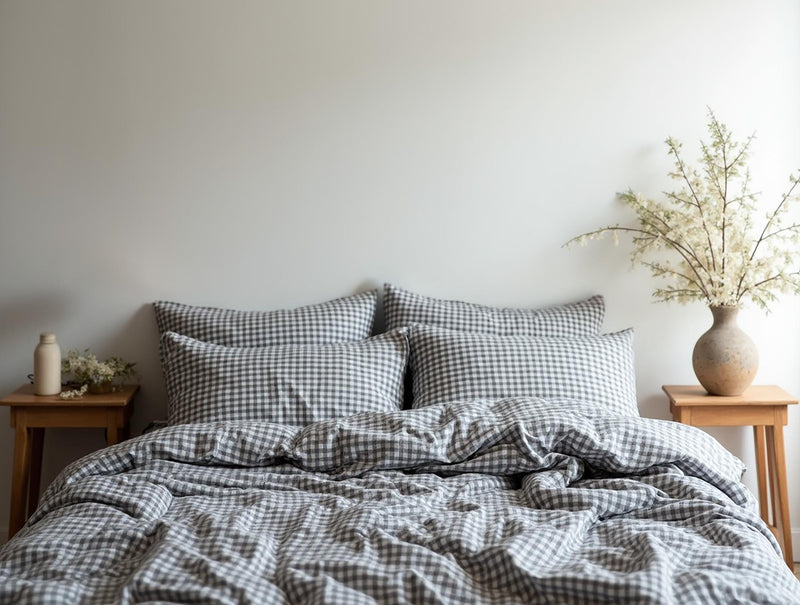 Dark gray Gingham Cotton Bedding Set