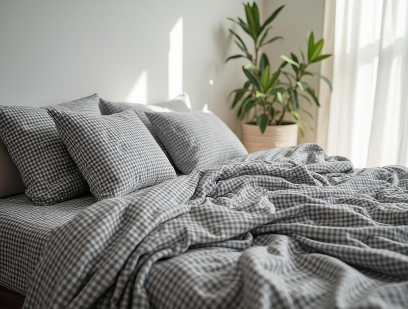 Dark gray Gingham Cotton Bedding Set
