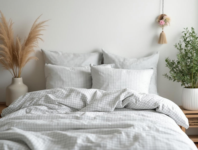 Light gray Small Gingham Cotton 1 Duvet cover Checkered Comforter cover set Cozy Bedroom Decor Cotton duvet