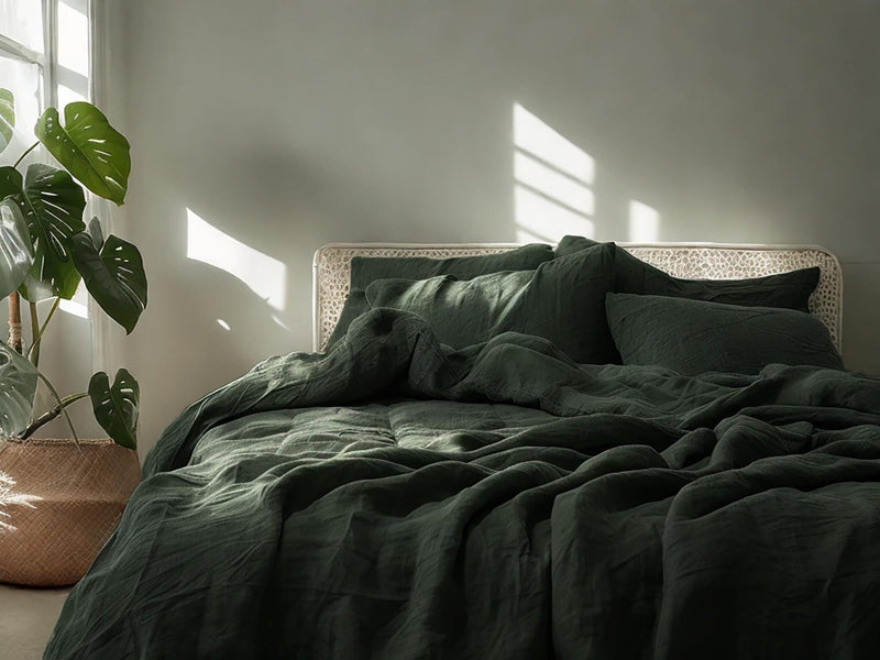 Charcoal green linen sheet set 1 flat sheet and 1 fitted sheet and 2 pillowcases Stonewashed 100% Flax Linen Set