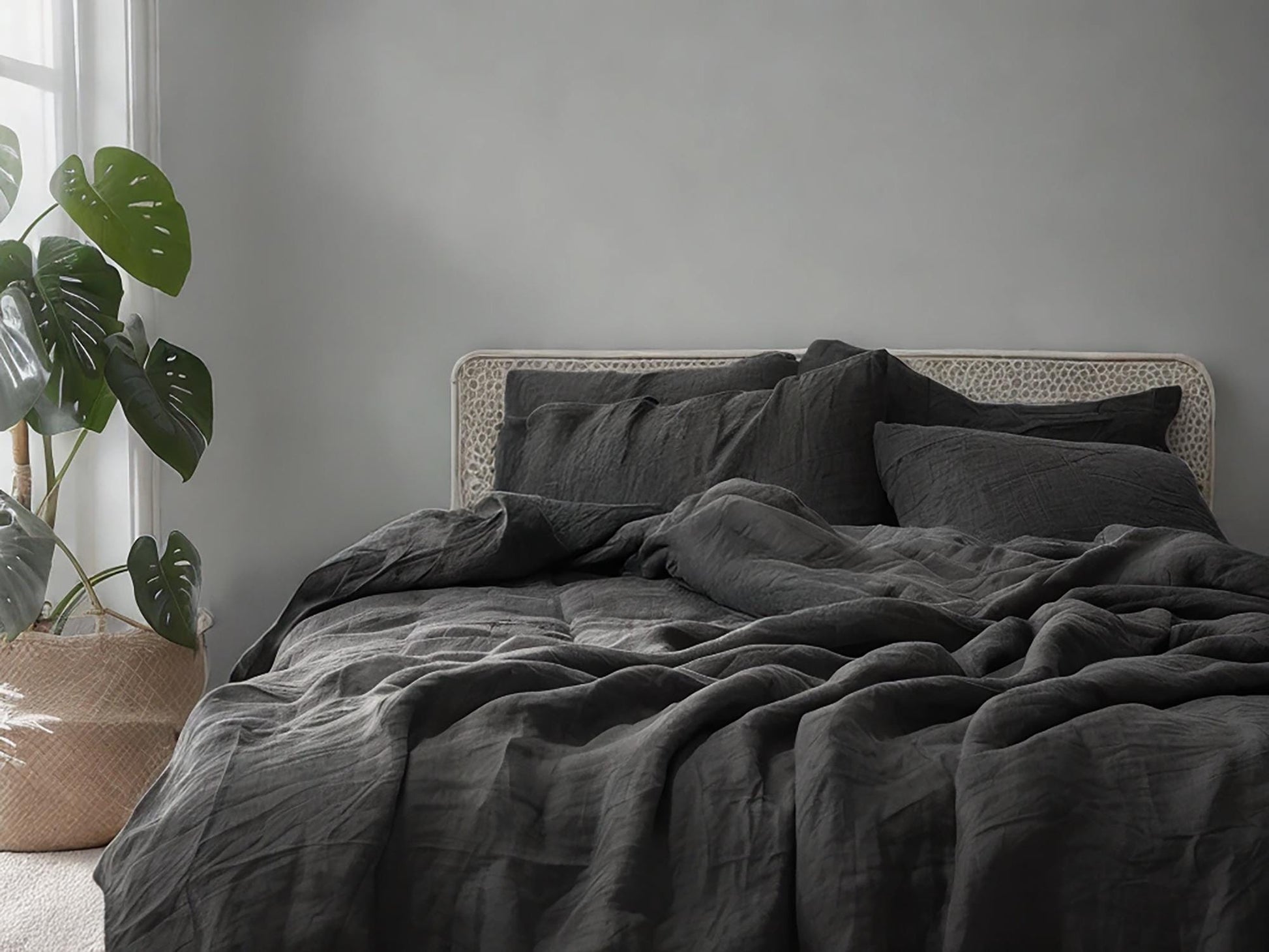 Charcoal linen sheet set 1 flat sheet and 1 fitted sheet and 2 pillowcases Stonewashed 100% Flax Linen Set