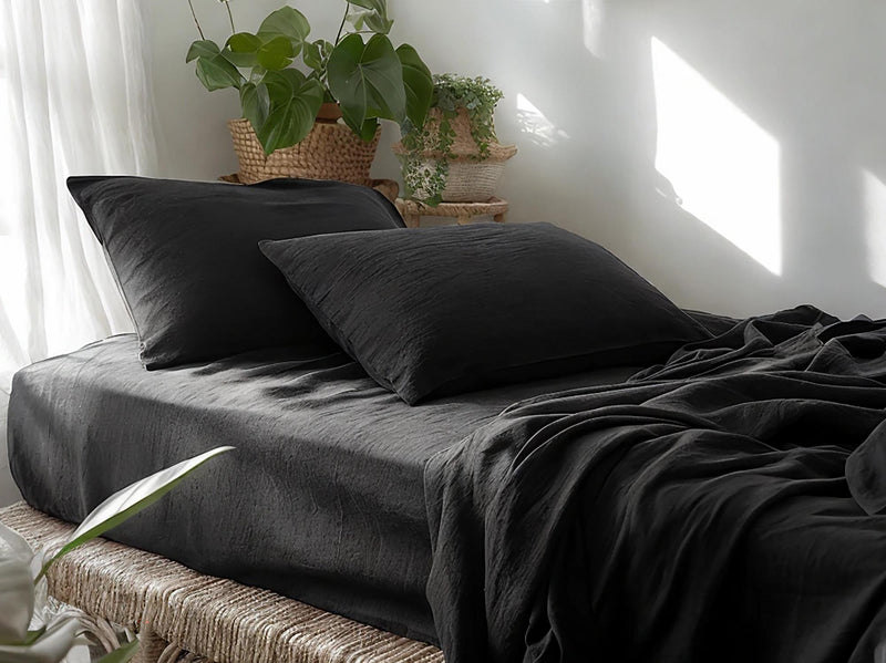 Black linen sheet set 1 flat sheet and 1 fitted sheet and 2 pillowcases Stonewashed 100% Flax Linen Set