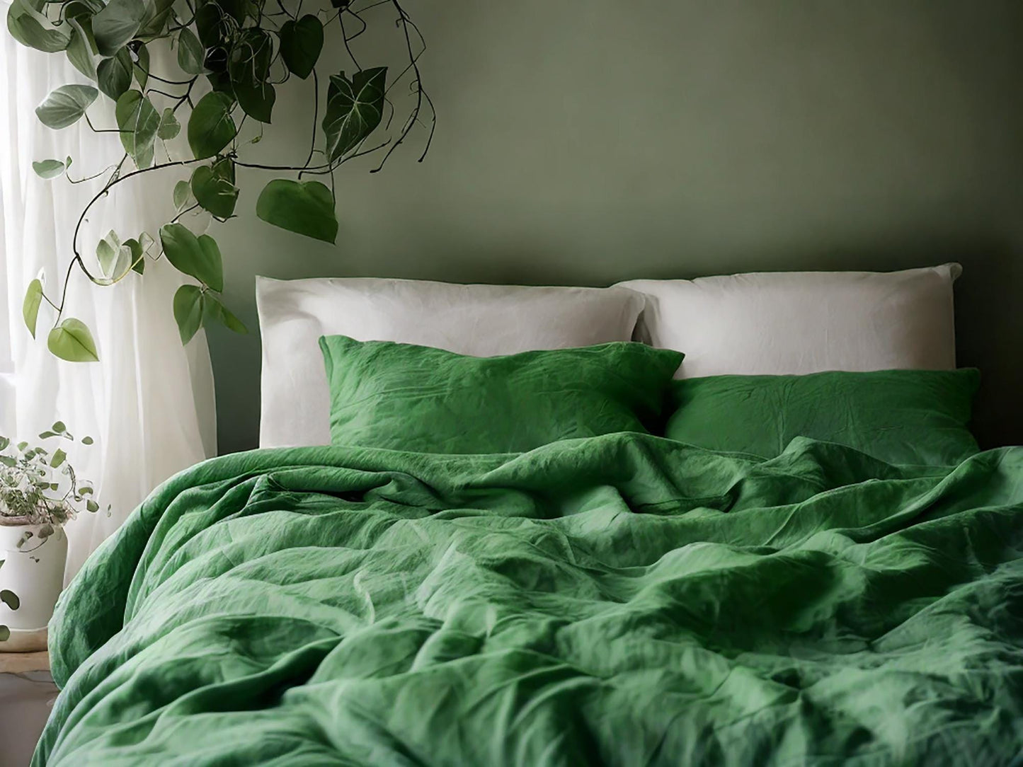 Verdant linen sheet set 1 flat sheet and 1 fitted sheet and 2 pillowcases Stonewashed 100% Flax Linen Set