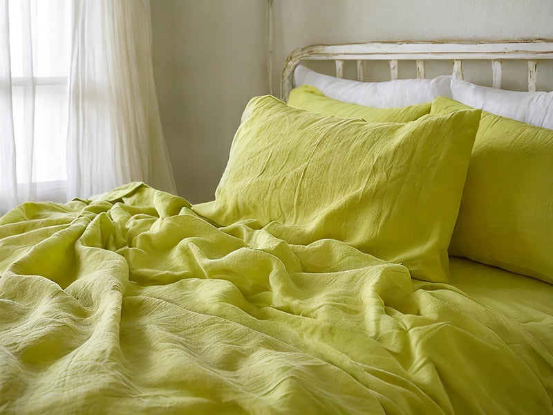 Lemon linen sheet set 1 flat sheet and 1 fitted sheet and 2 pillowcases Stonewashed 100% Flax Linen Set