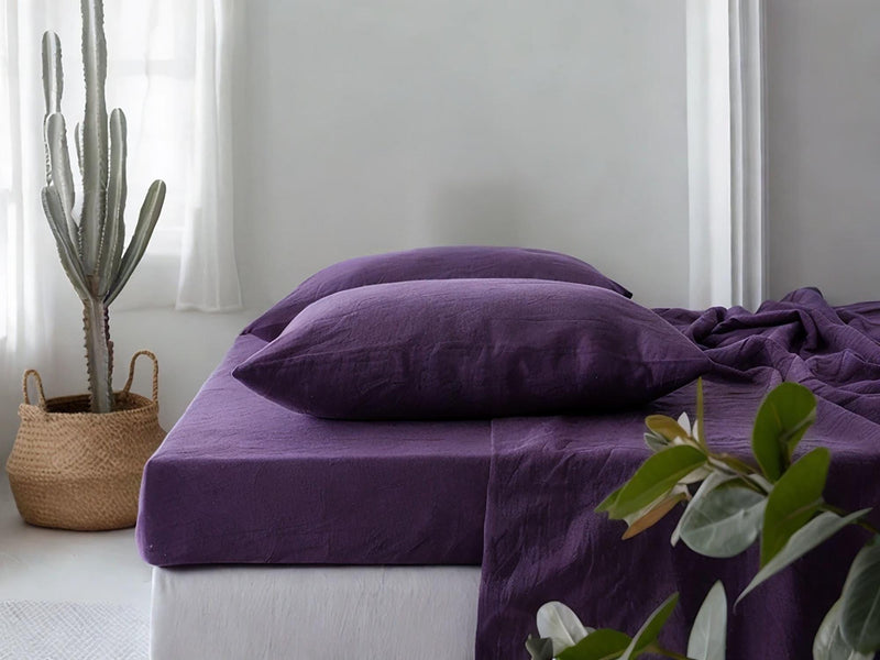 Violet linen sheet set 1 flat sheet and 1 fitted sheet and 2 pillowcases Stonewashed 100% Flax Linen Set