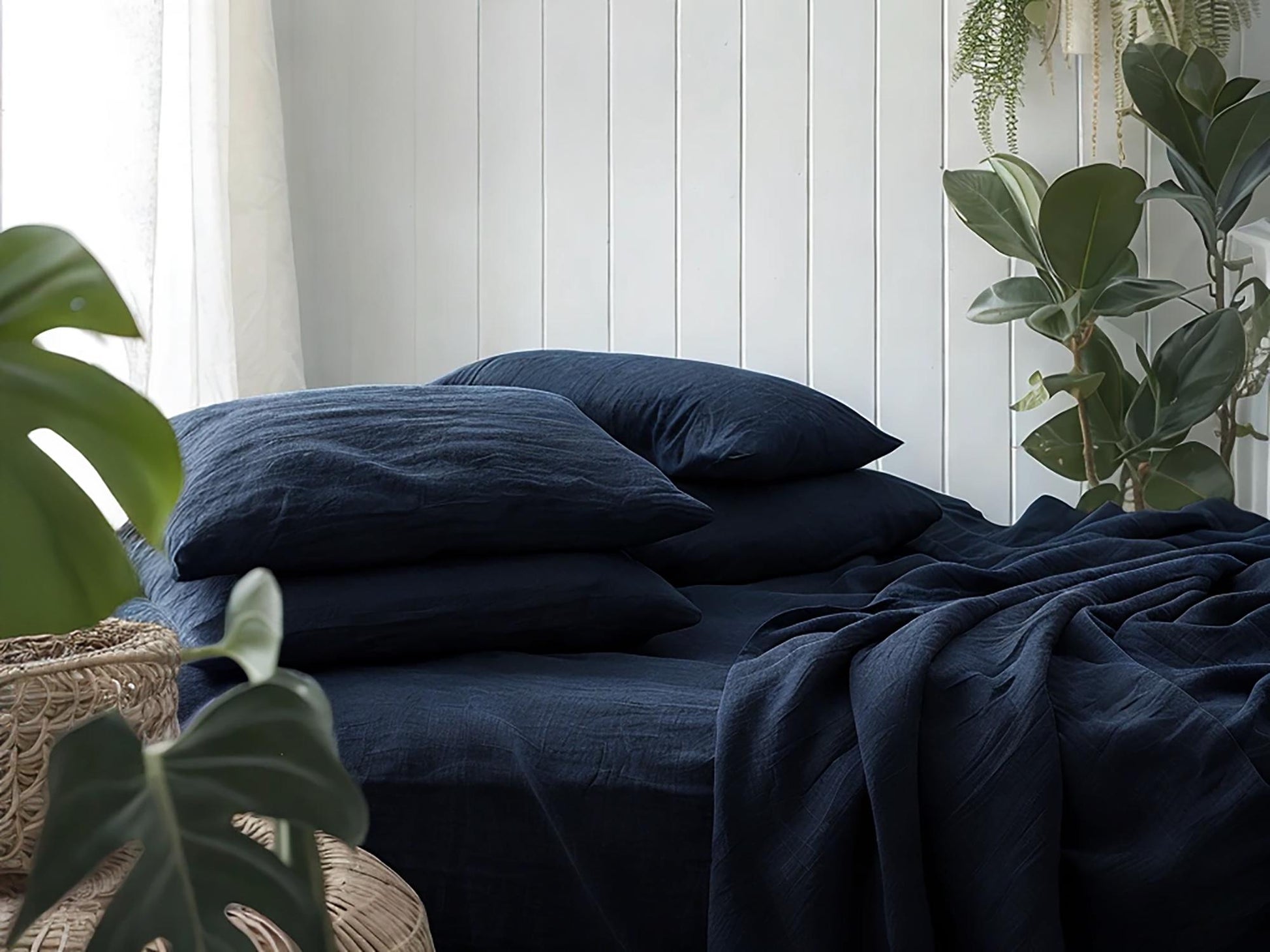 Navy linen sheet set 1 flat sheet and 1 fitted sheet and 2 pillowcases Stonewashed 100% Flax Linen Set