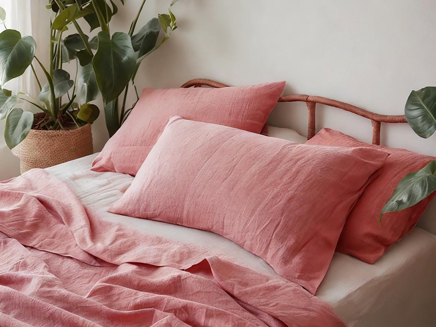 Coral linen sheet set 1 flat sheet and 1 fitted sheet and 2 pillowcases Stonewashed 100% Flax Linen Set