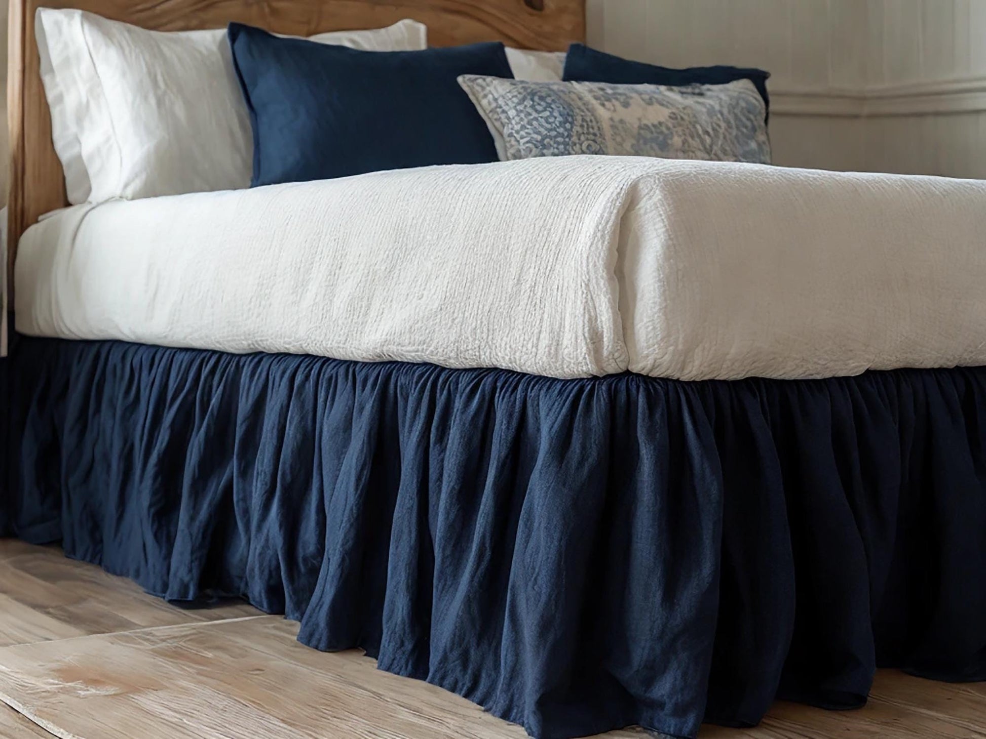 Navy linen ruffled bed skirt Soft Gathered Dust Ruffle Linen Dust Ruffle with Soft Gathered Edges