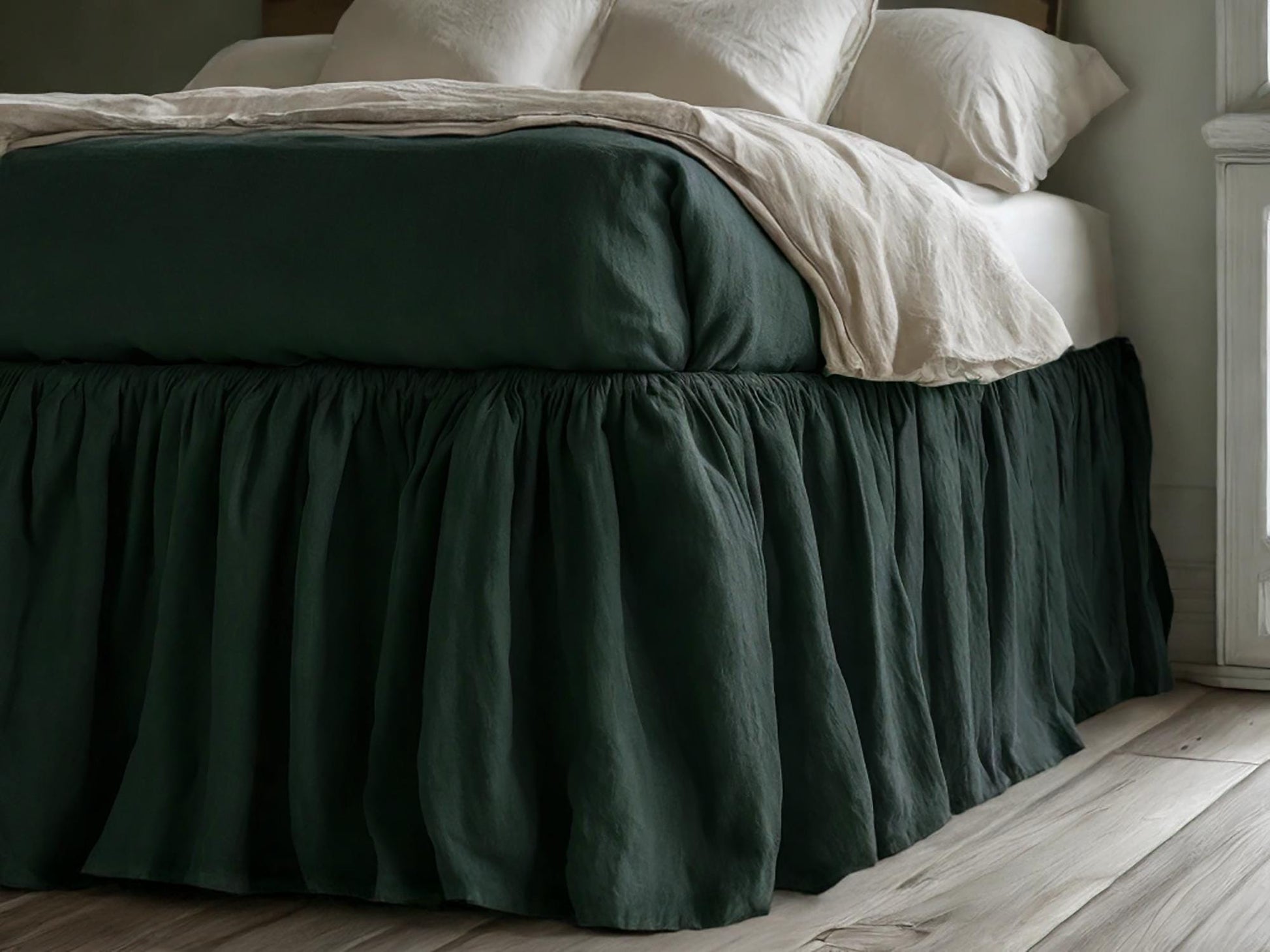 Charcoal green linen ruffled bed skirt Soft Gathered Dust Ruffle Linen Dust Ruffle with Soft Gathered Edges