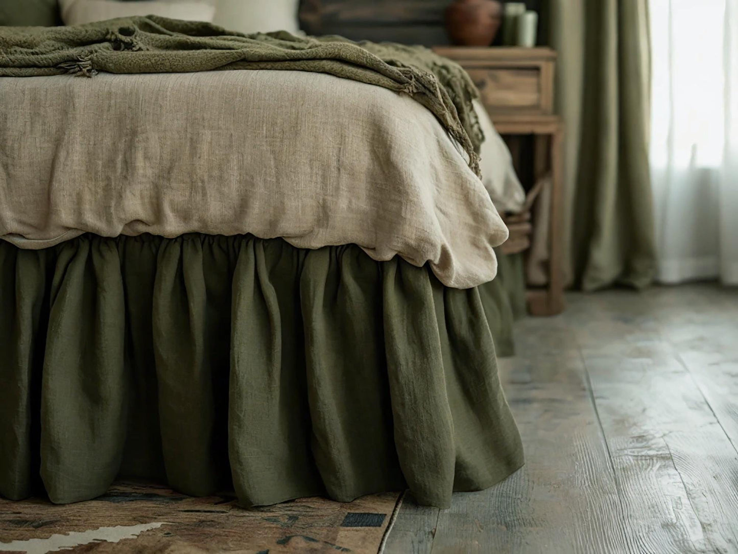 Khaki linen ruffled bed skirt Soft Gathered Dust Ruffle Linen Dust Ruffle with Soft Gathered Edges