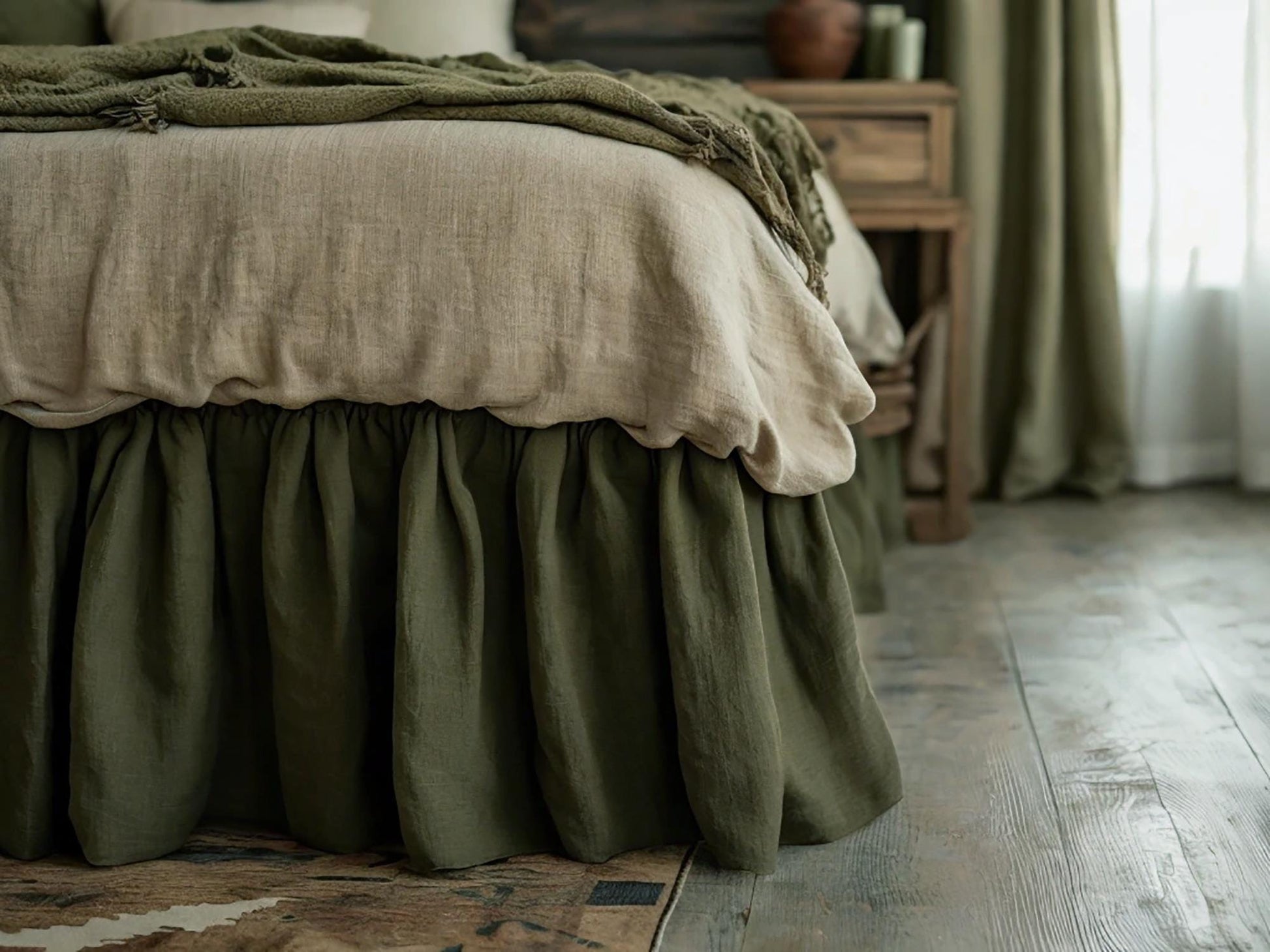 Khaki linen ruffled bed skirt Soft Gathered Dust Ruffle Linen Dust Ruffle with Soft Gathered Edges