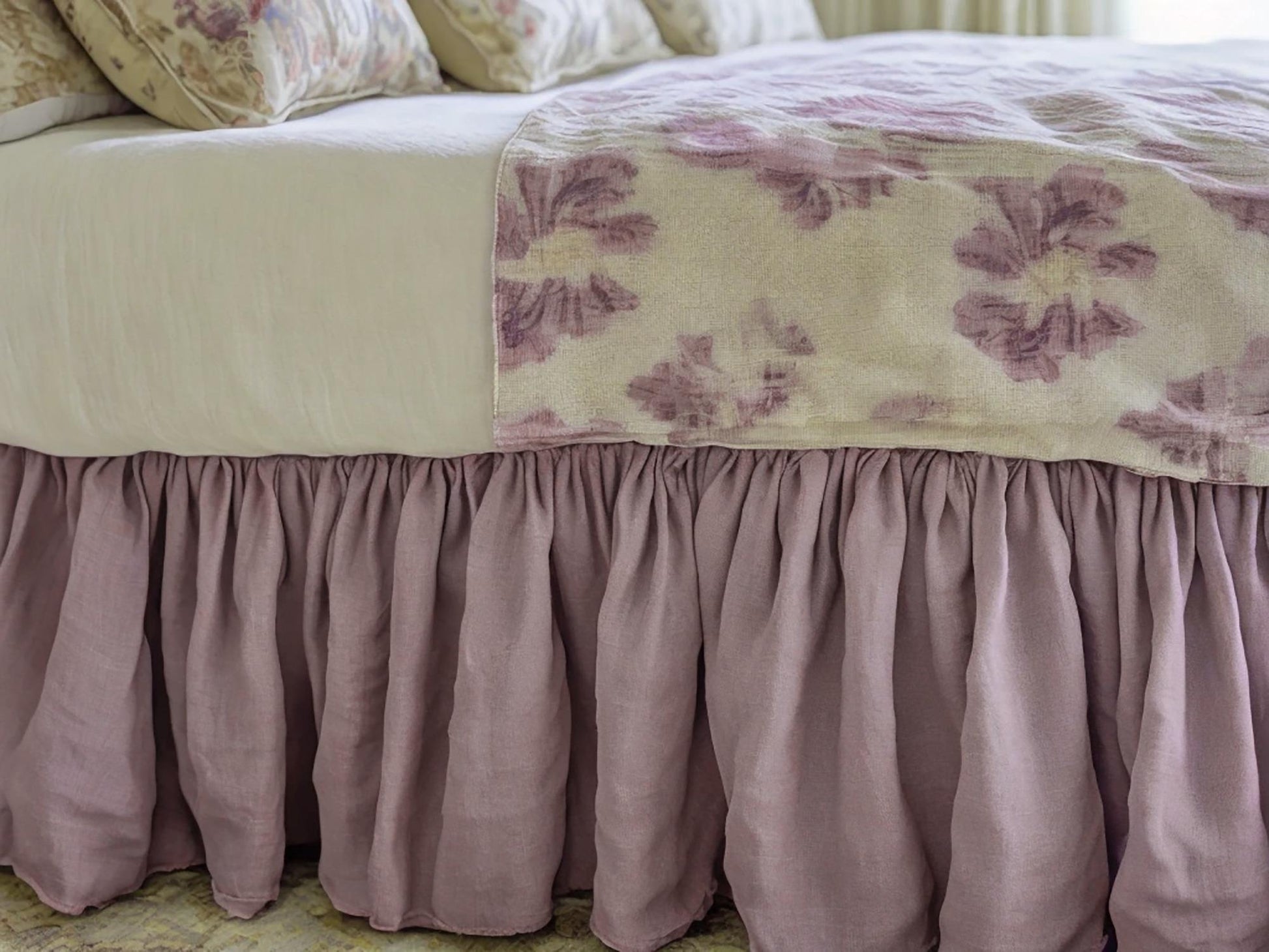 Amethyst linen ruffled bed skirt Soft Gathered Dust Ruffle Linen Dust Ruffle with Soft Gathered Edges