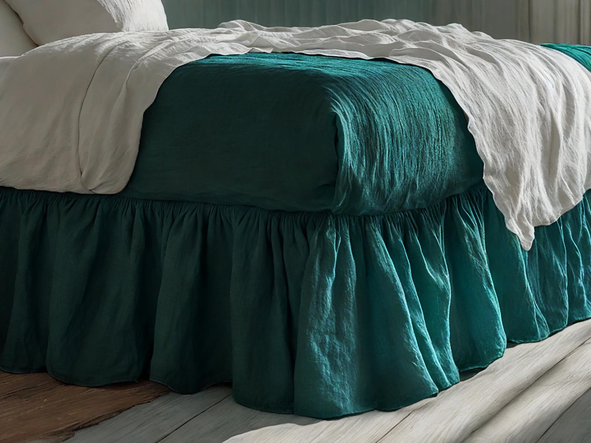 Teal linen ruffled bed skirt Soft Gathered Dust Ruffle Linen Dust Ruffle with Soft Gathered Edges