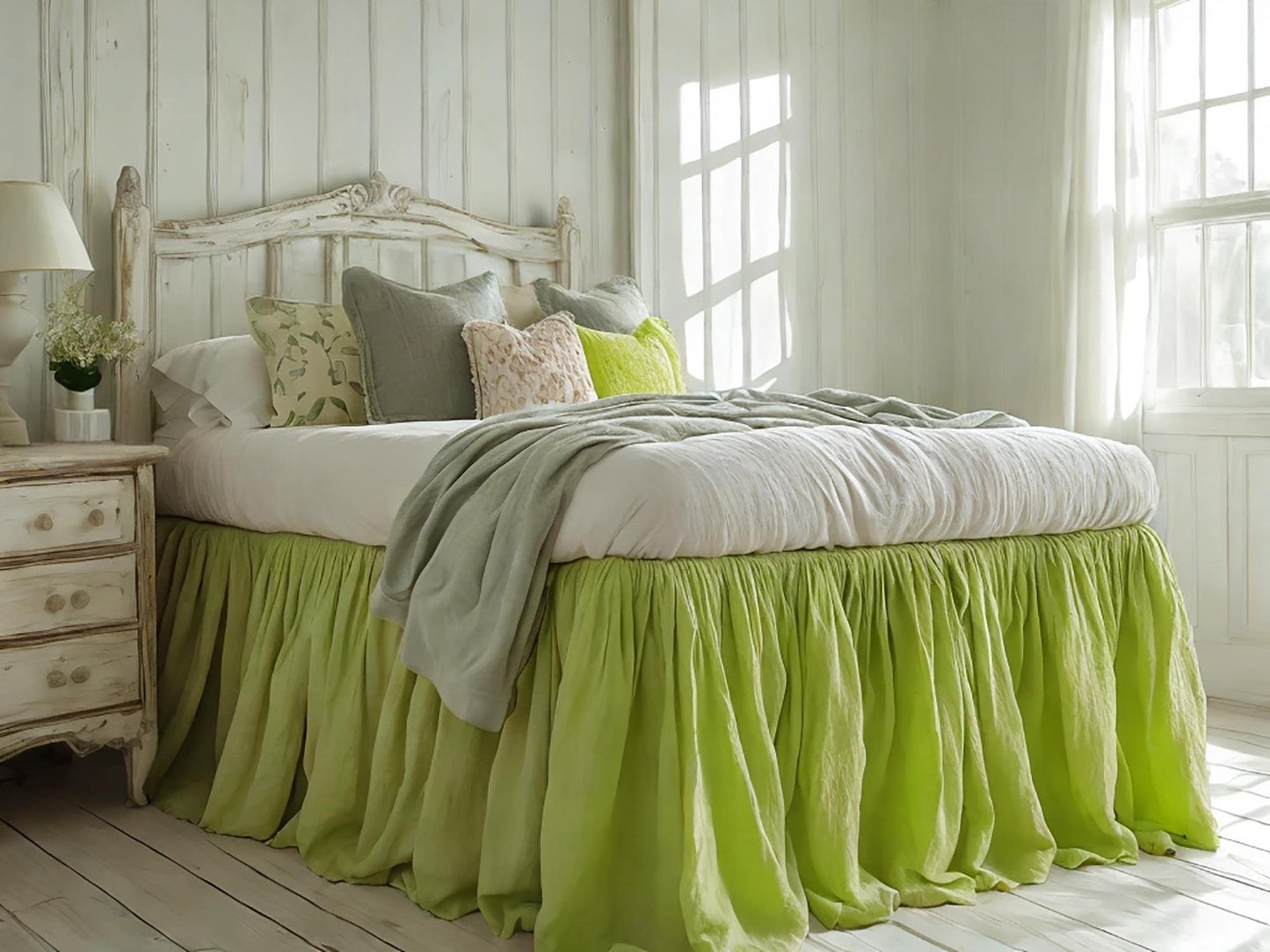 Lime linen ruffled bed skirt Soft Gathered Dust Ruffle Linen Dust Ruffle with Soft Gathered Edges