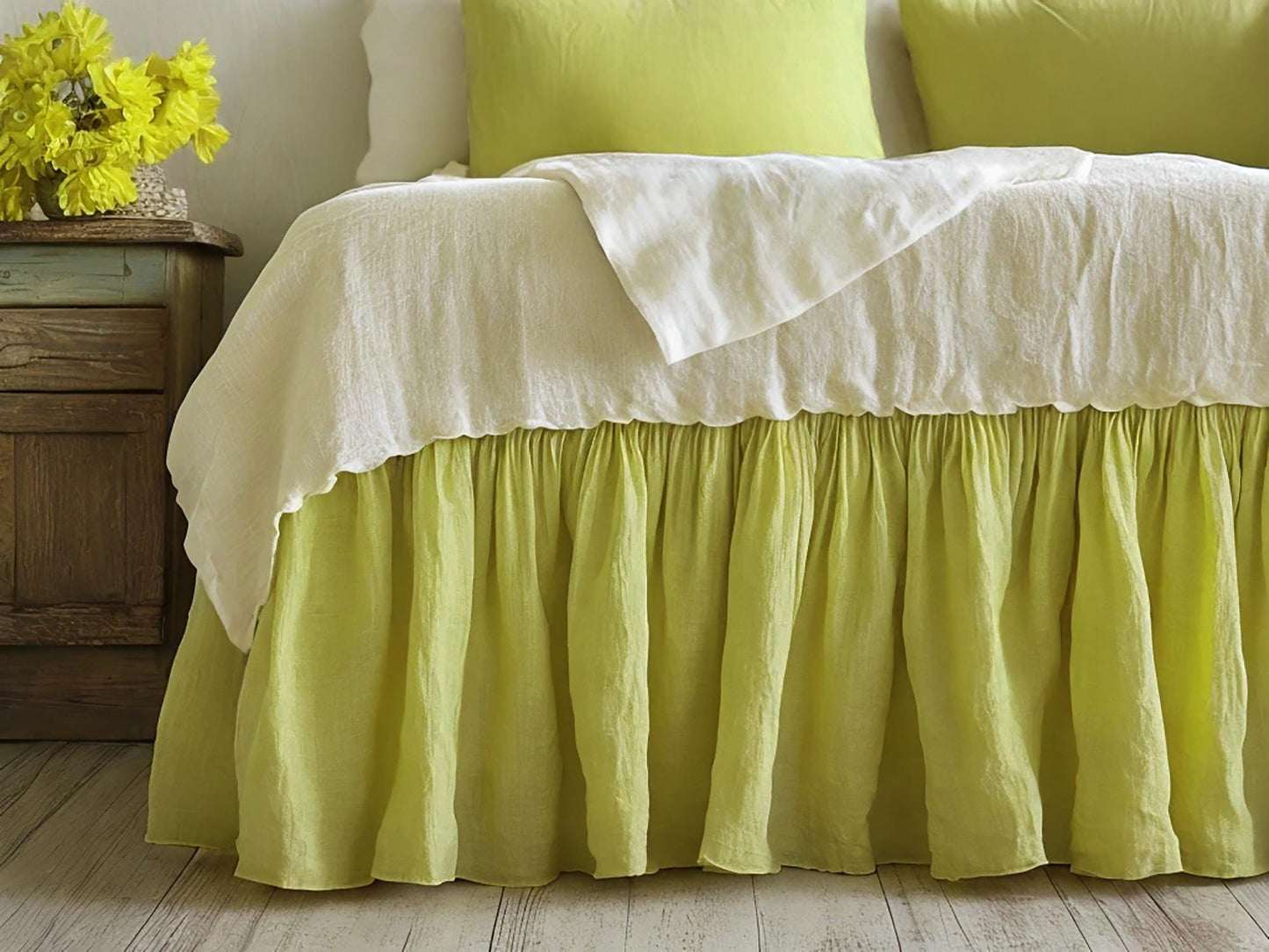 Lemon linen ruffled bed skirt Soft Gathered Dust Ruffle Linen Dust Ruffle with Soft Gathered Edges