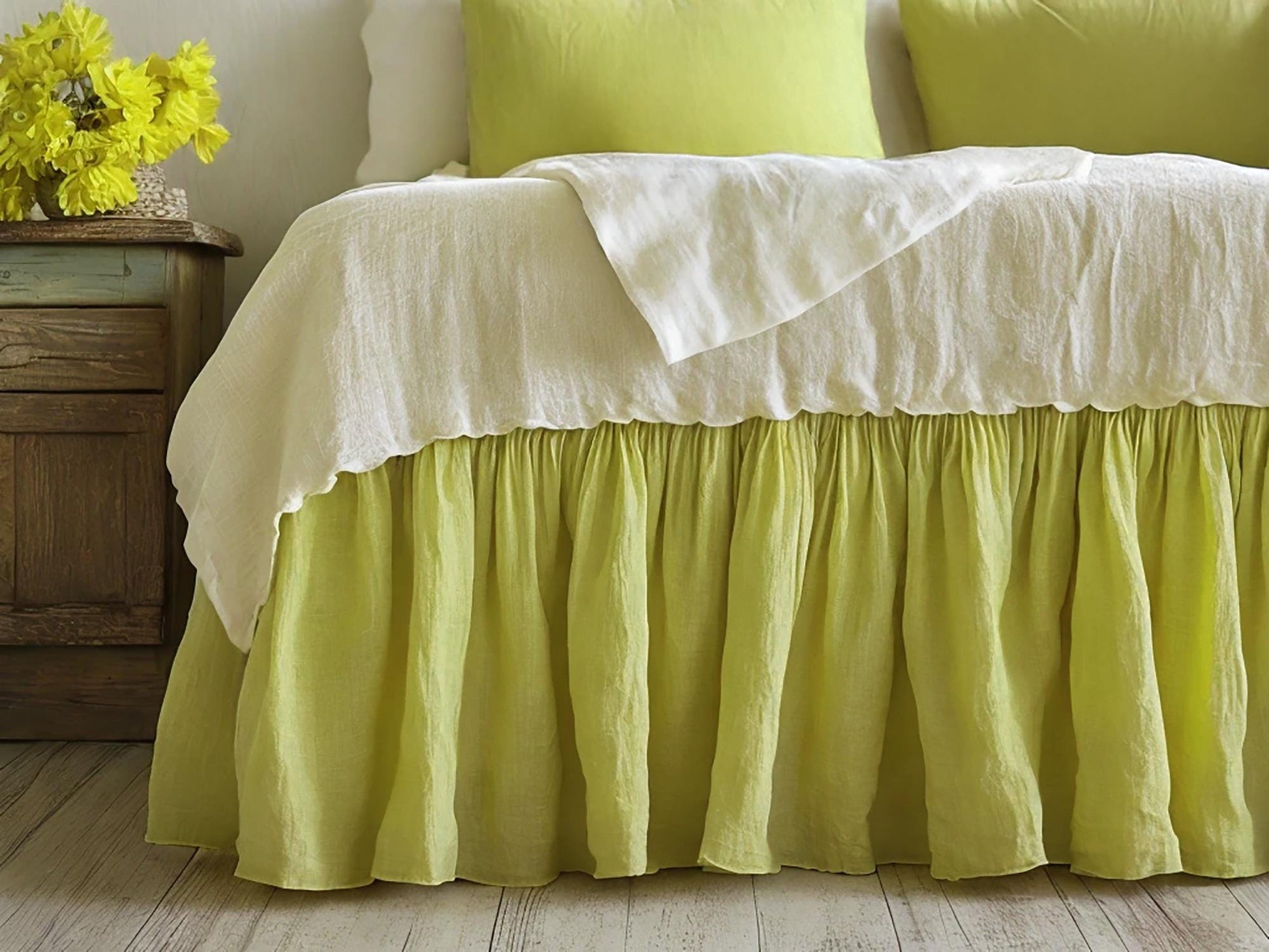 Lemon linen ruffled bed skirt Soft Gathered Dust Ruffle Linen Dust Ruffle with Soft Gathered Edges