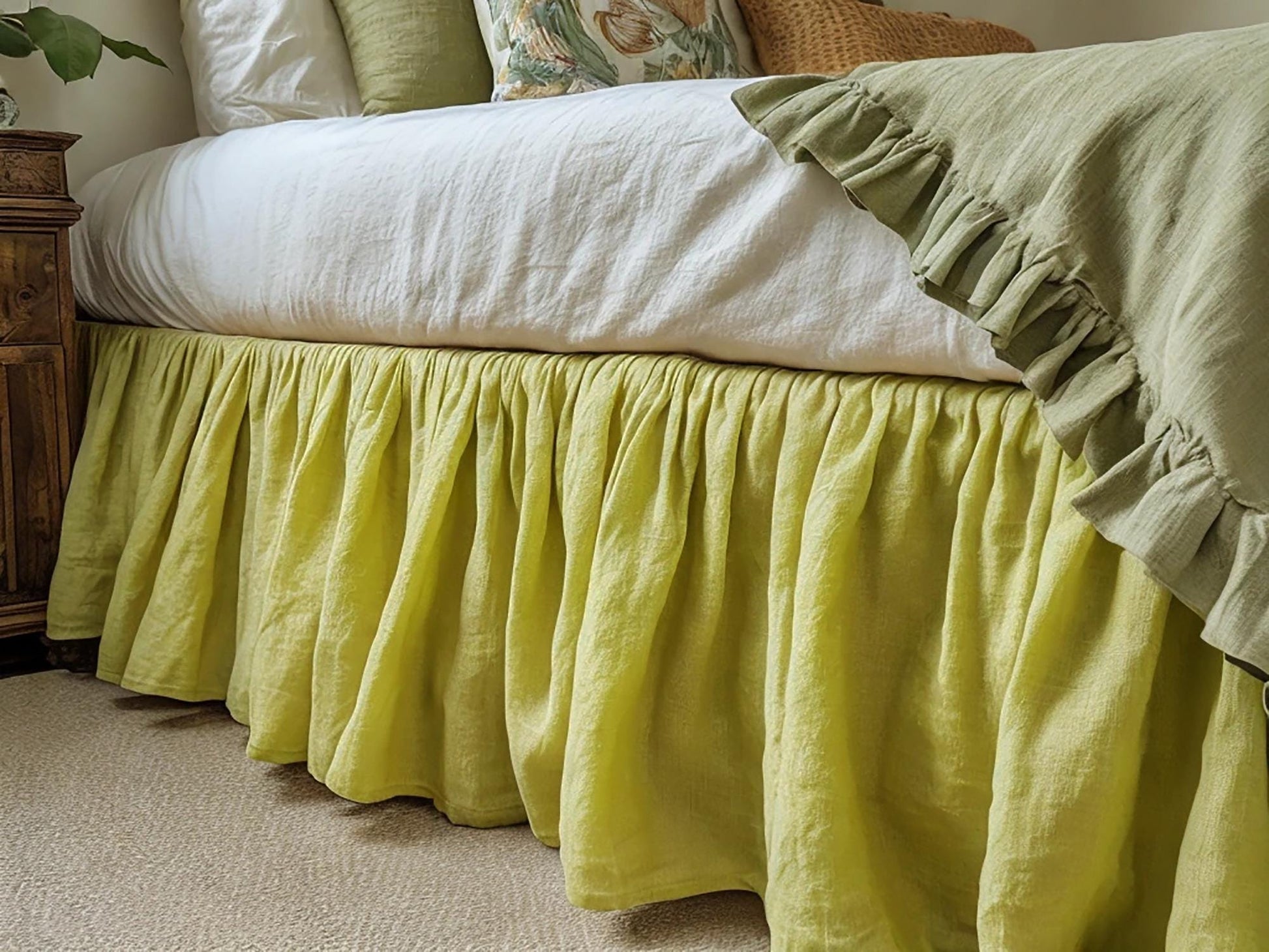 Lemon linen ruffled bed skirt Soft Gathered Dust Ruffle Linen Dust Ruffle with Soft Gathered Edges
