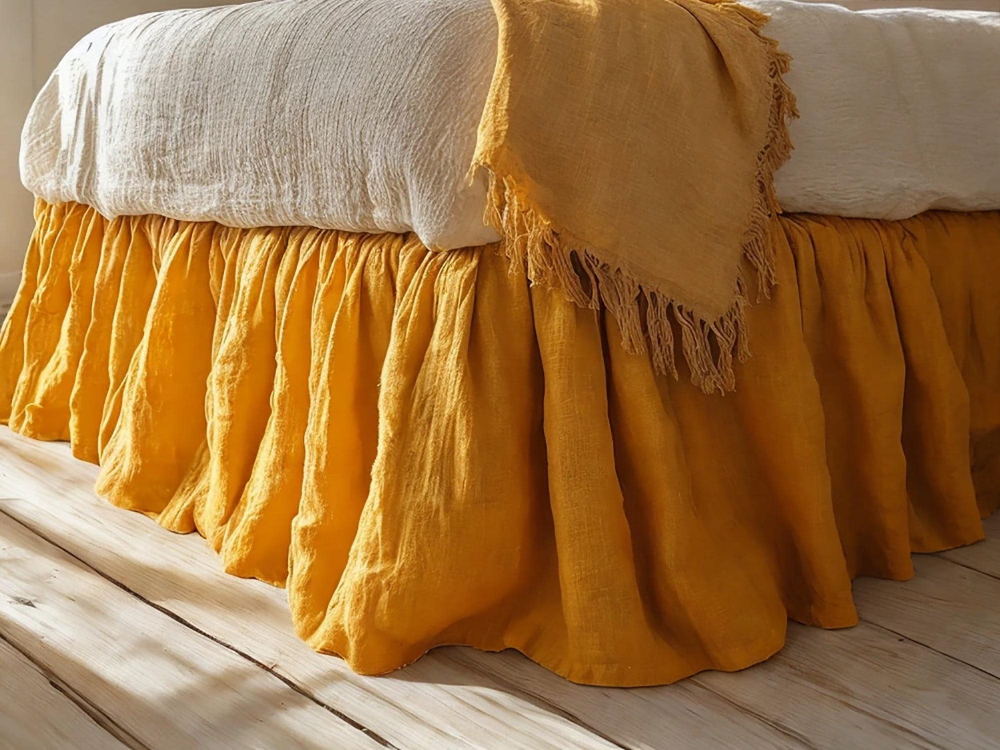 Marigold linen ruffled bed skirt Soft Gathered Dust Ruffle Linen Dust Ruffle with Soft Gathered Edges