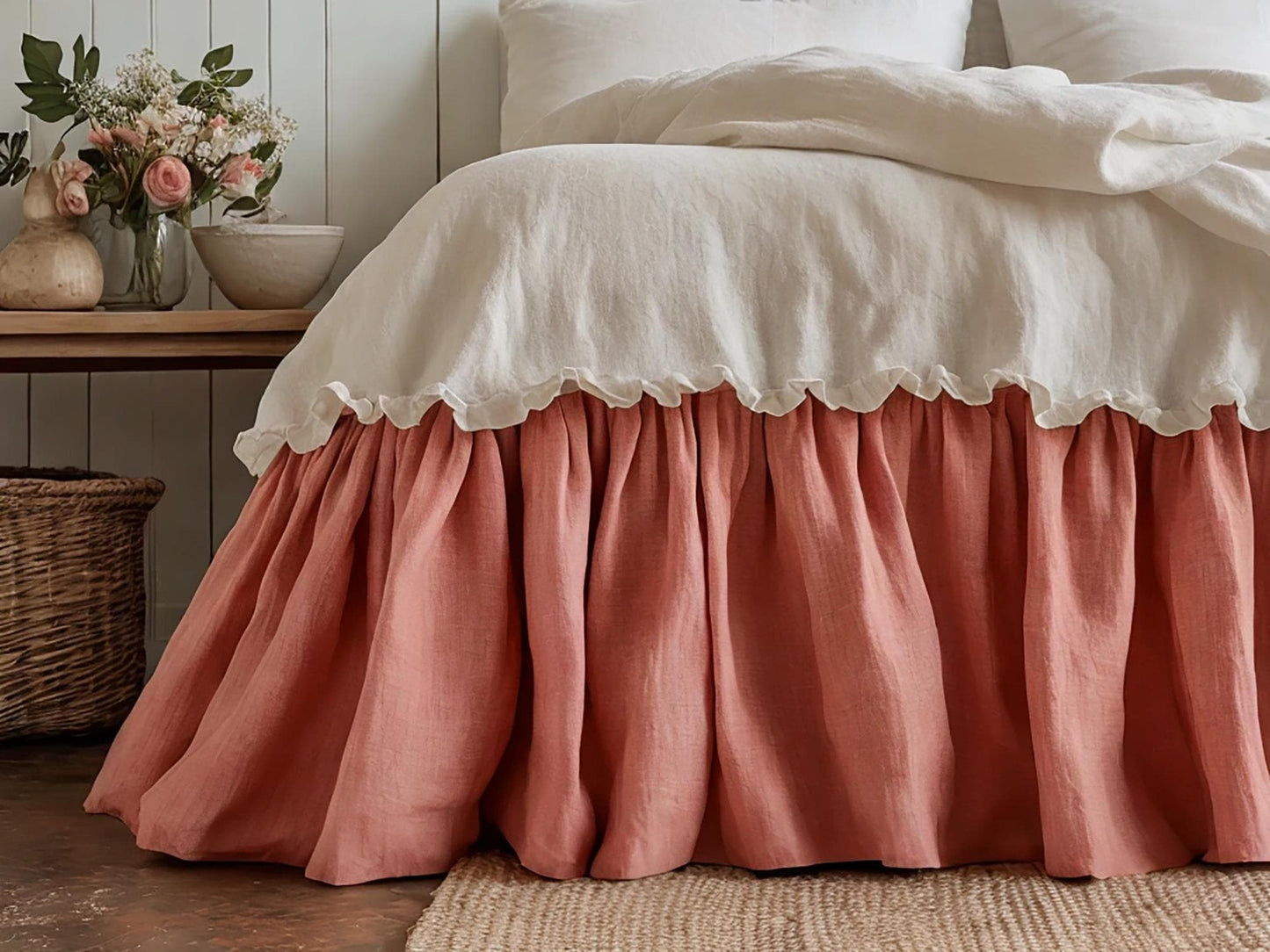 Coral linen ruffled bed skirt Soft Gathered Dust Ruffle Linen Dust Ruffle with Soft Gathered Edges