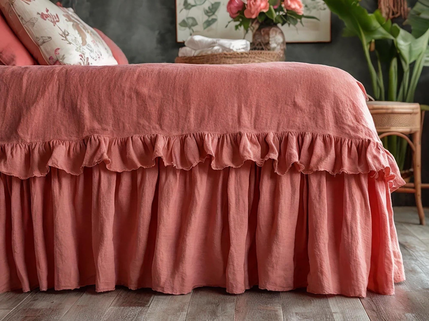 Coral linen ruffled bed skirt Soft Gathered Dust Ruffle Linen Dust Ruffle with Soft Gathered Edges