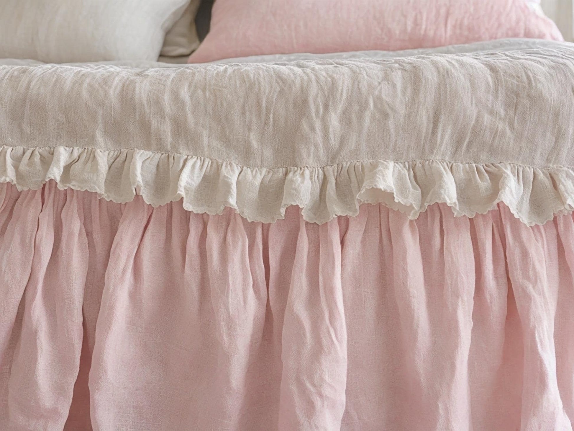 Pastel pink linen ruffled bed skirt Soft Gathered Dust Ruffle Linen Dust Ruffle with Soft Gathered Edges